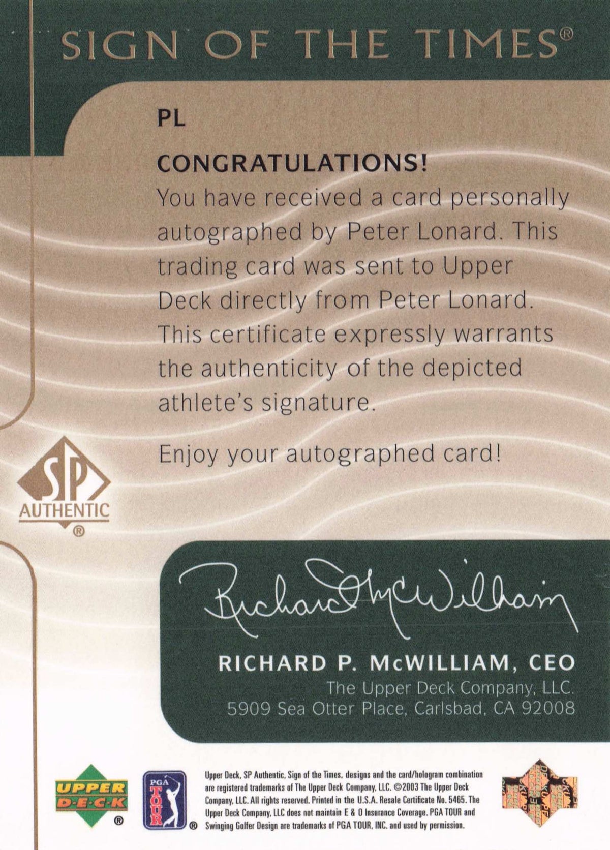Peter Lonard 2003 Sign Of The Times Hand Signed Golf Autograph Card