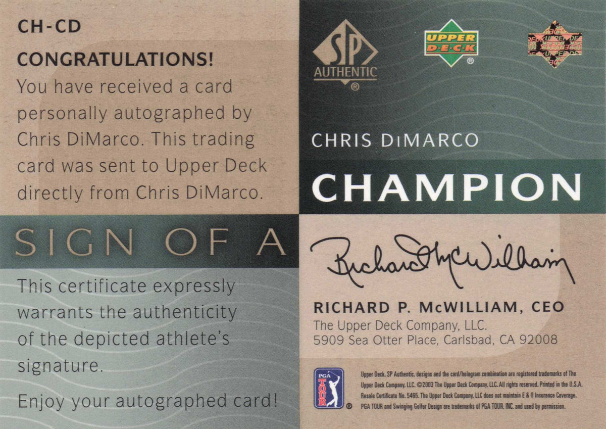 Chris DiMarco Sign Of A Champion SCARCE Hand Signed Golf Autograph Card