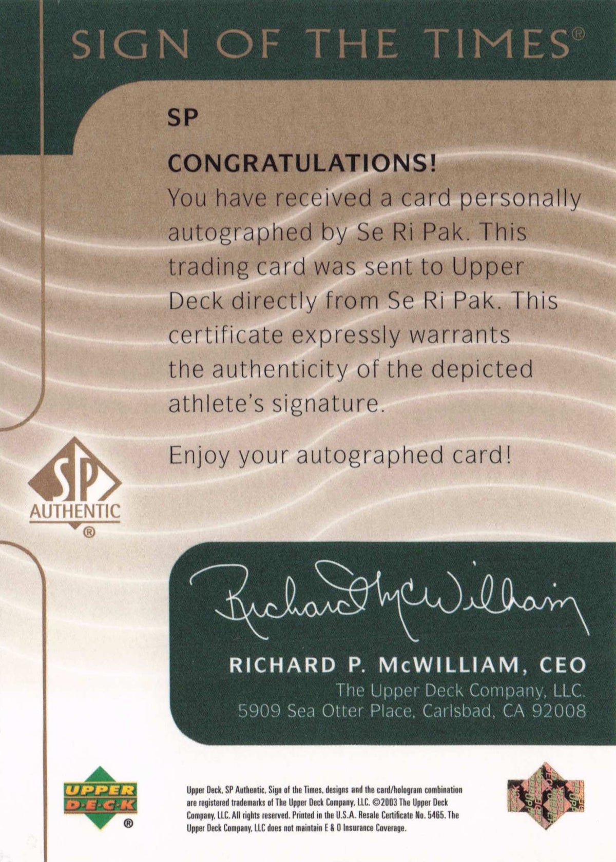 Se Ri Pak Sign Of The Times Hand Signed 2003 Rare Golf Autograph Card