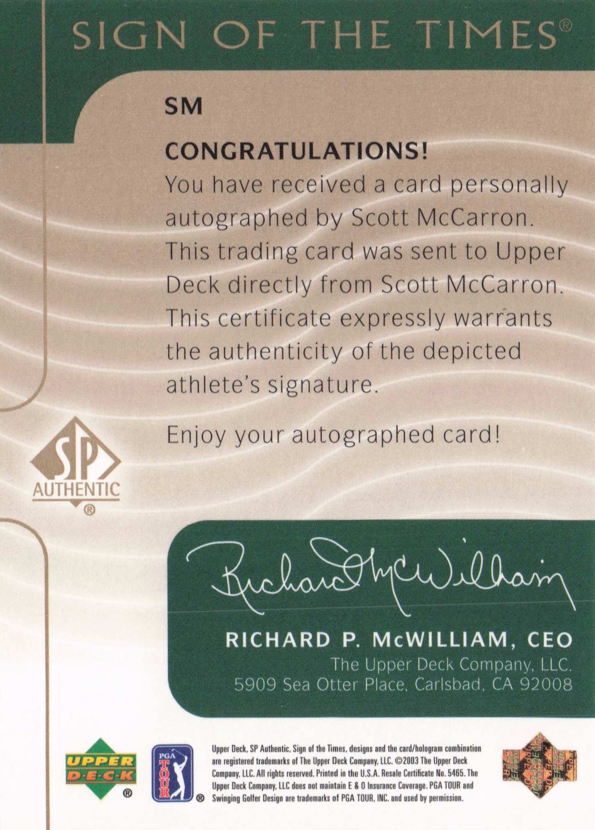 Scott McCarron Sign Of The Times Hand Signed 2003 Golf Autograph Card