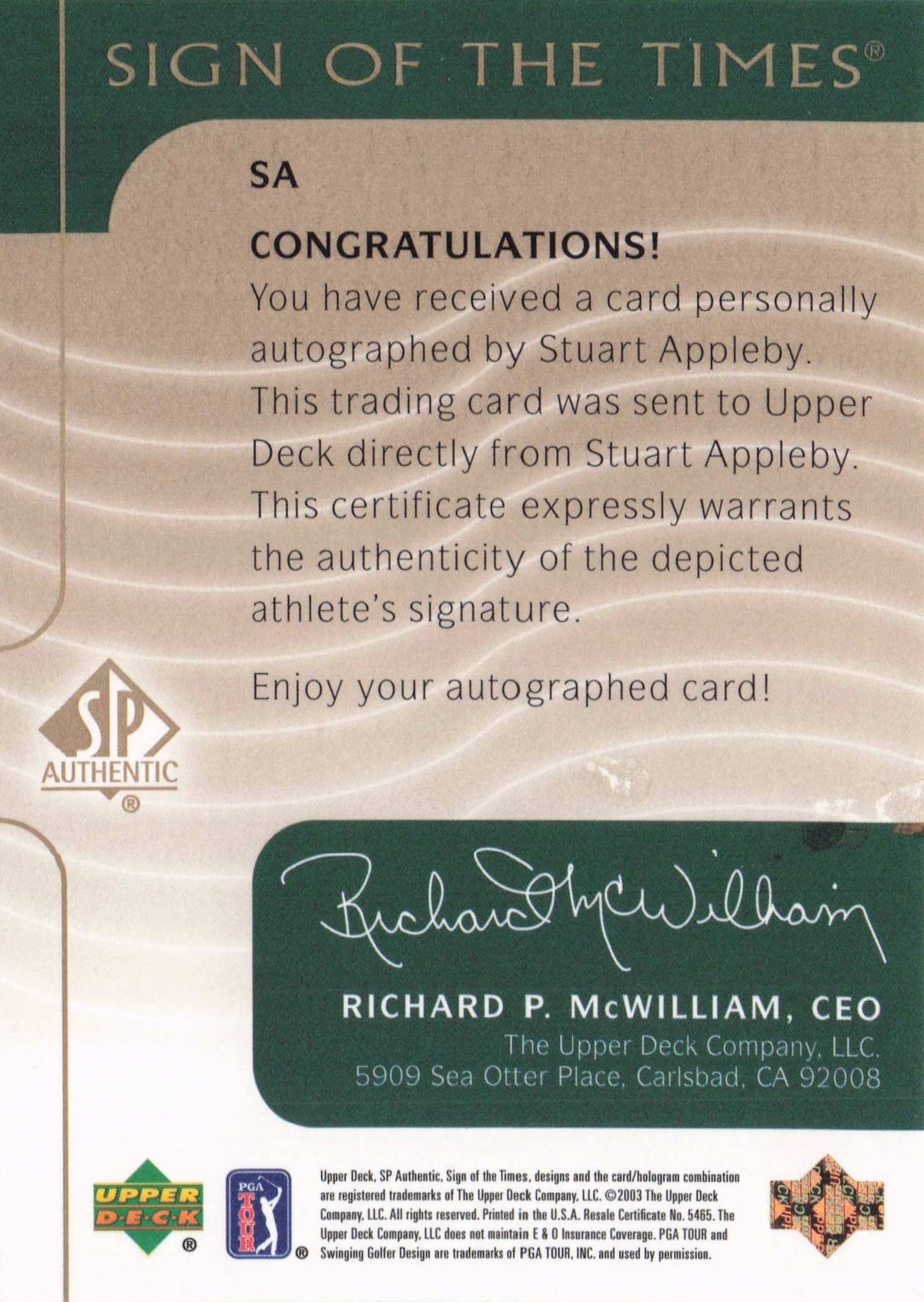 Stuart Appleby Sign Of The Times Hand Signed 2003 SP Golf Autograph Card