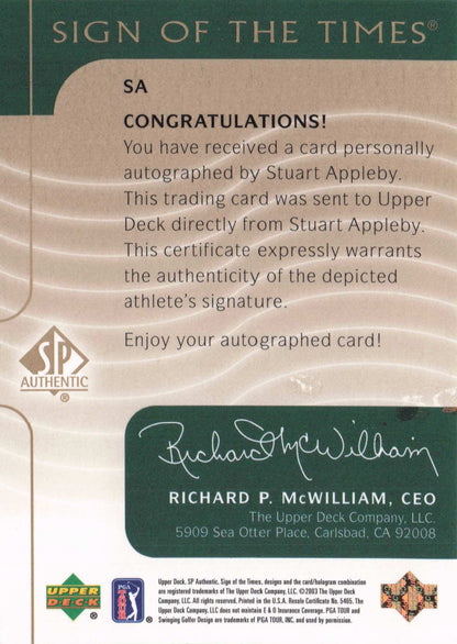 Stuart Appleby Sign Of The Times Hand Signed 2003 SP Golf Autograph Card