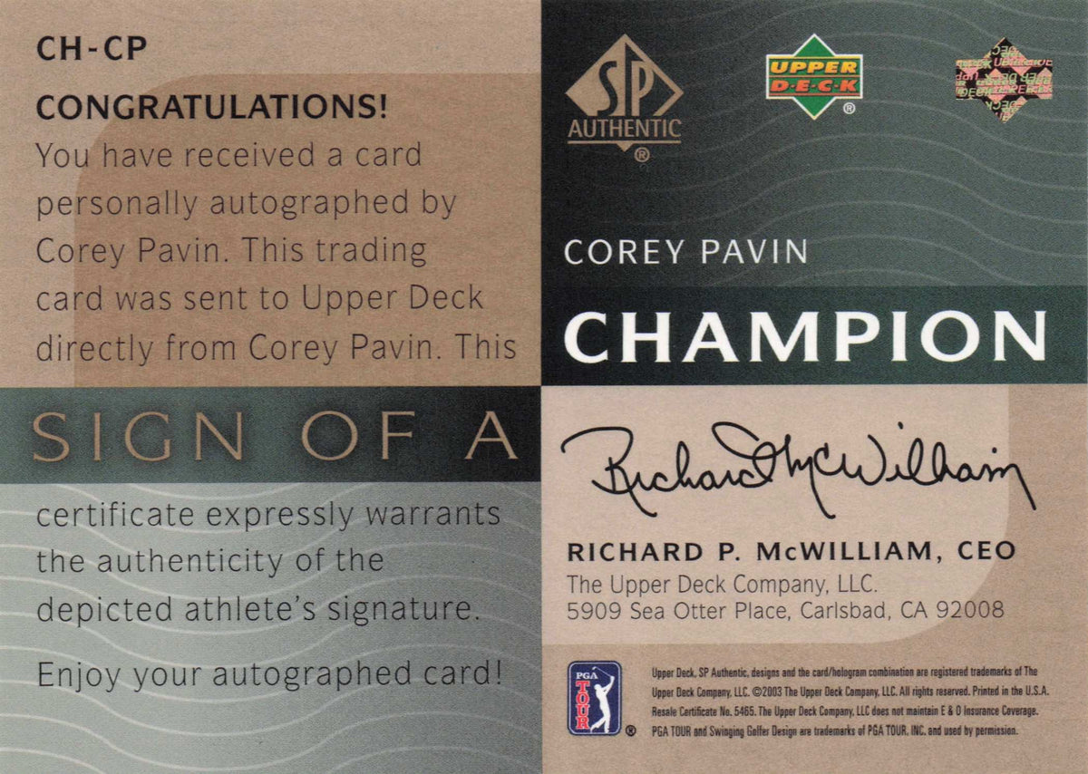 Corey Pavin Sign Of A Champion SCARCE 2003 Hand Signed Golf Autograph Card