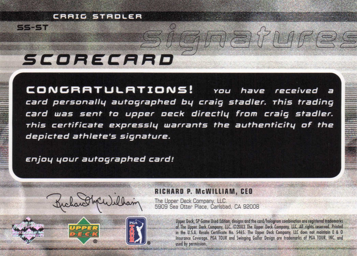 Craig Stadler Scorecard Signatures Golf Upper Deck Autograph Signed Card