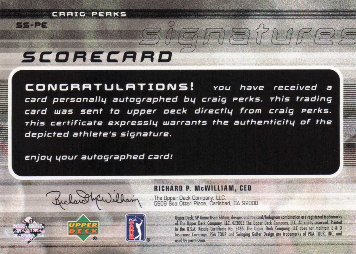 Craig Perks Scorecard Signatures Golf Autograph Hand Signed Photo Card