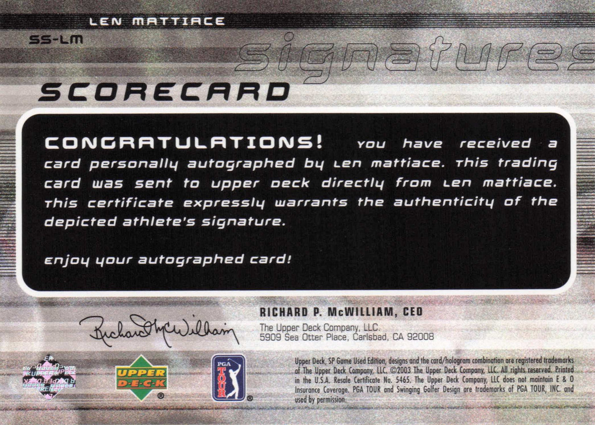 Len Mattiace Scorecard Signatures Golf Autograph Hand Signed Photo Card