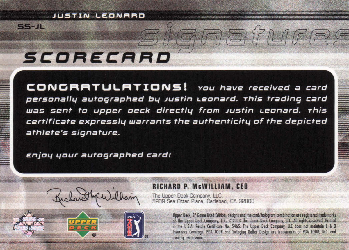 Justin Leonard Scorecard Signatures Golf Autograph Hand Signed Photo Card