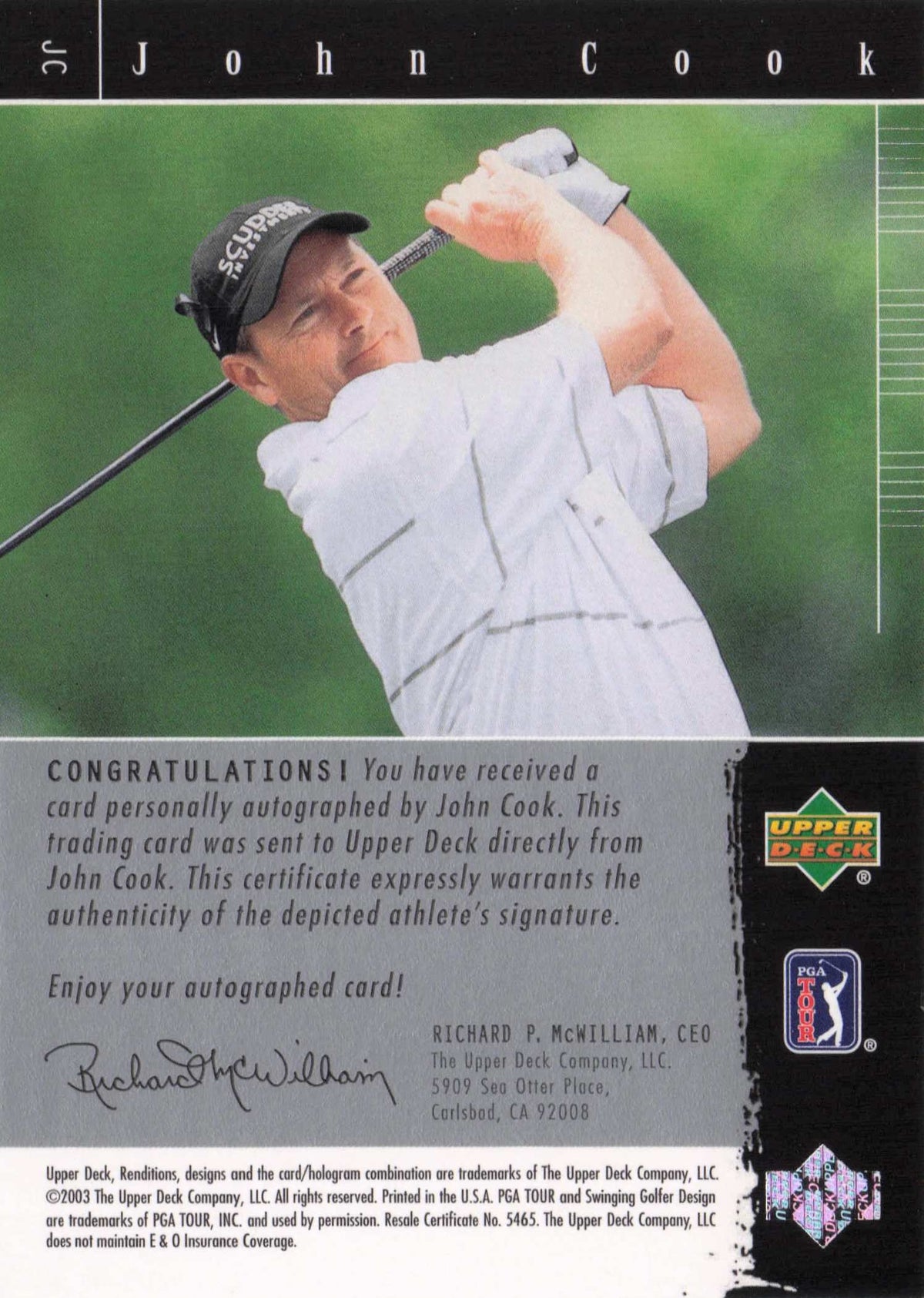 John Cook Upper Deck Signature Exhibit Golf Hand Signed Autograph Card