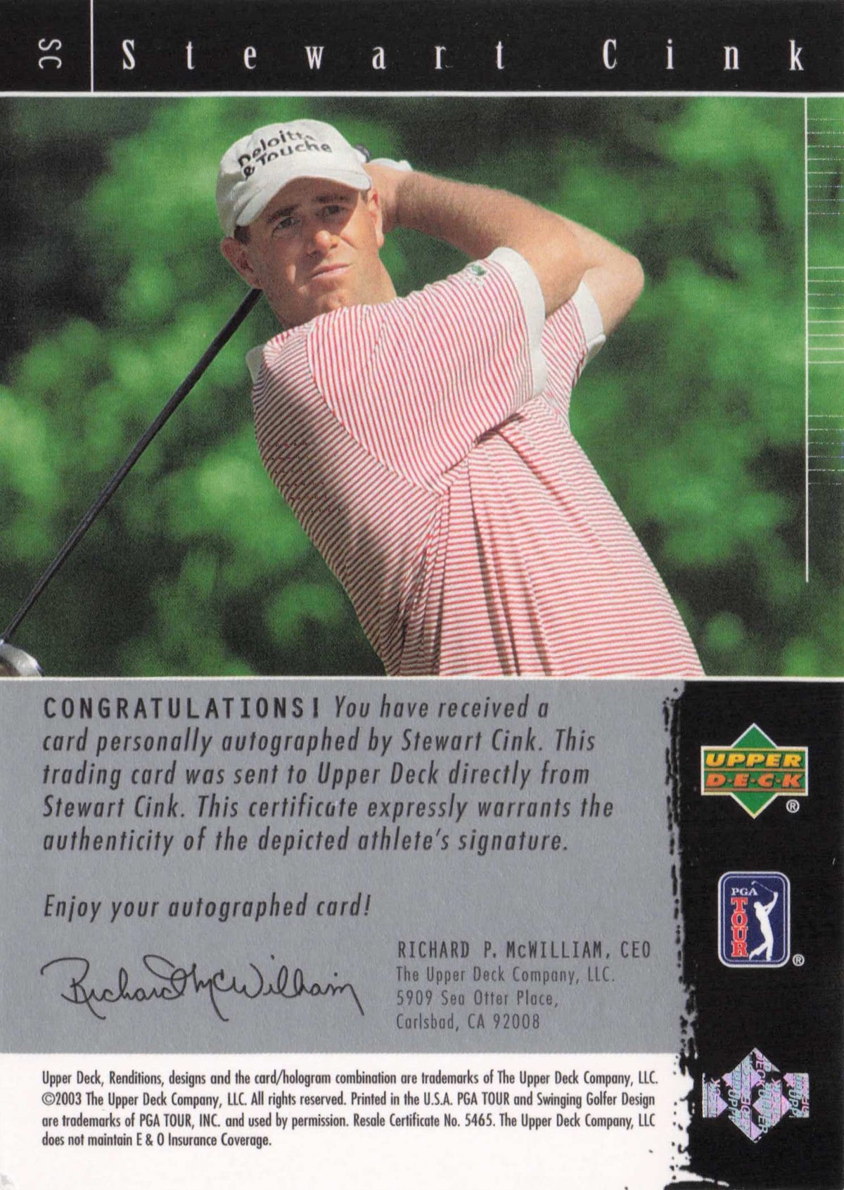 Stewart Cink Signature Exhibit Golf Hand Signed Autograph Photo Trade Card