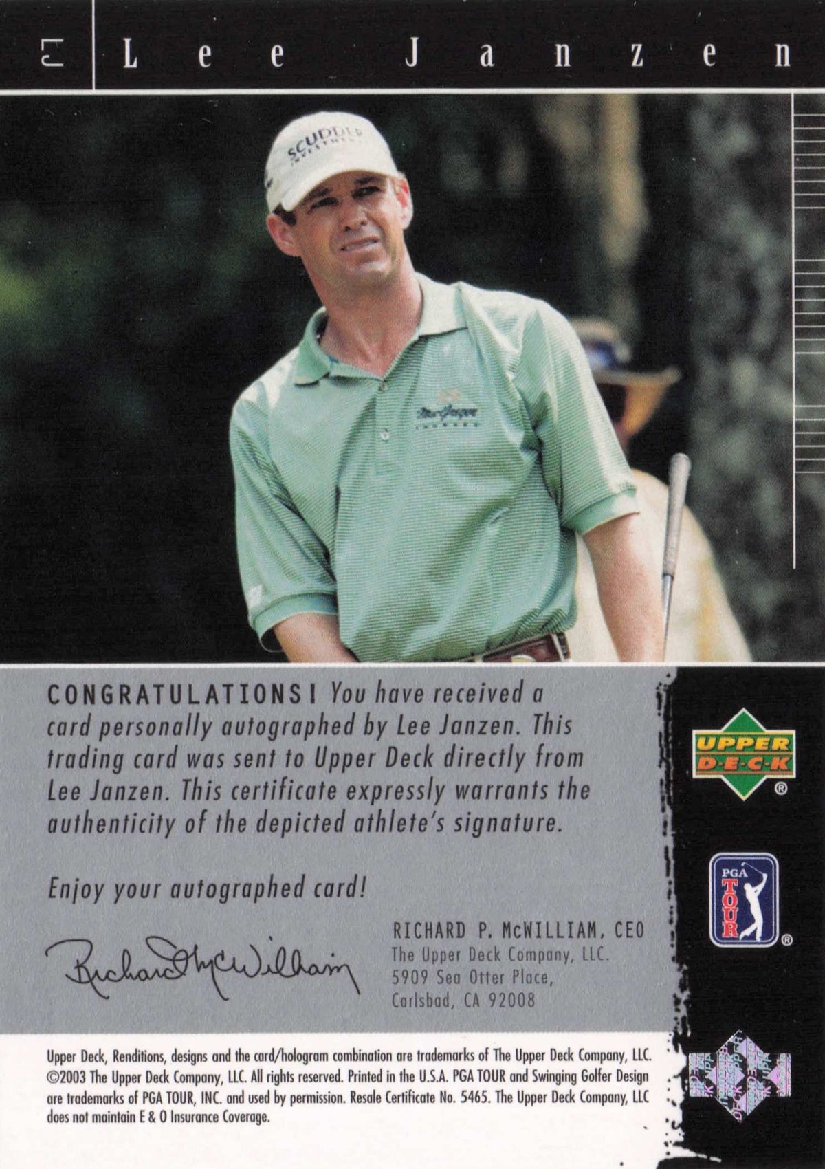 Lee Janzen 2003 Signature Exhibit Golf Hand Signed Autograph Photo Trade Card