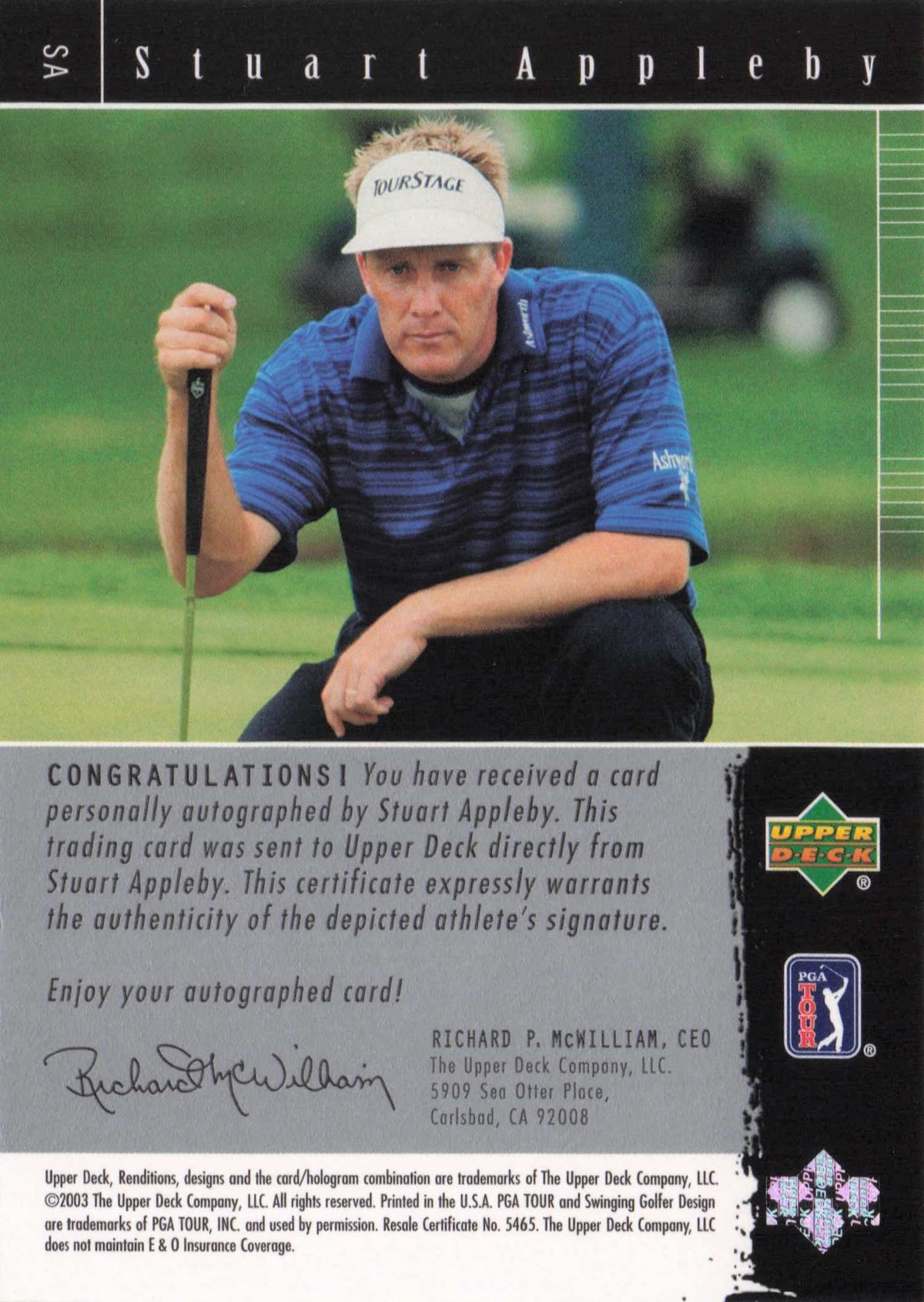 Stuart Appleby Signature Exhibit Golf Hand Signed Autograph Photo Trade Card