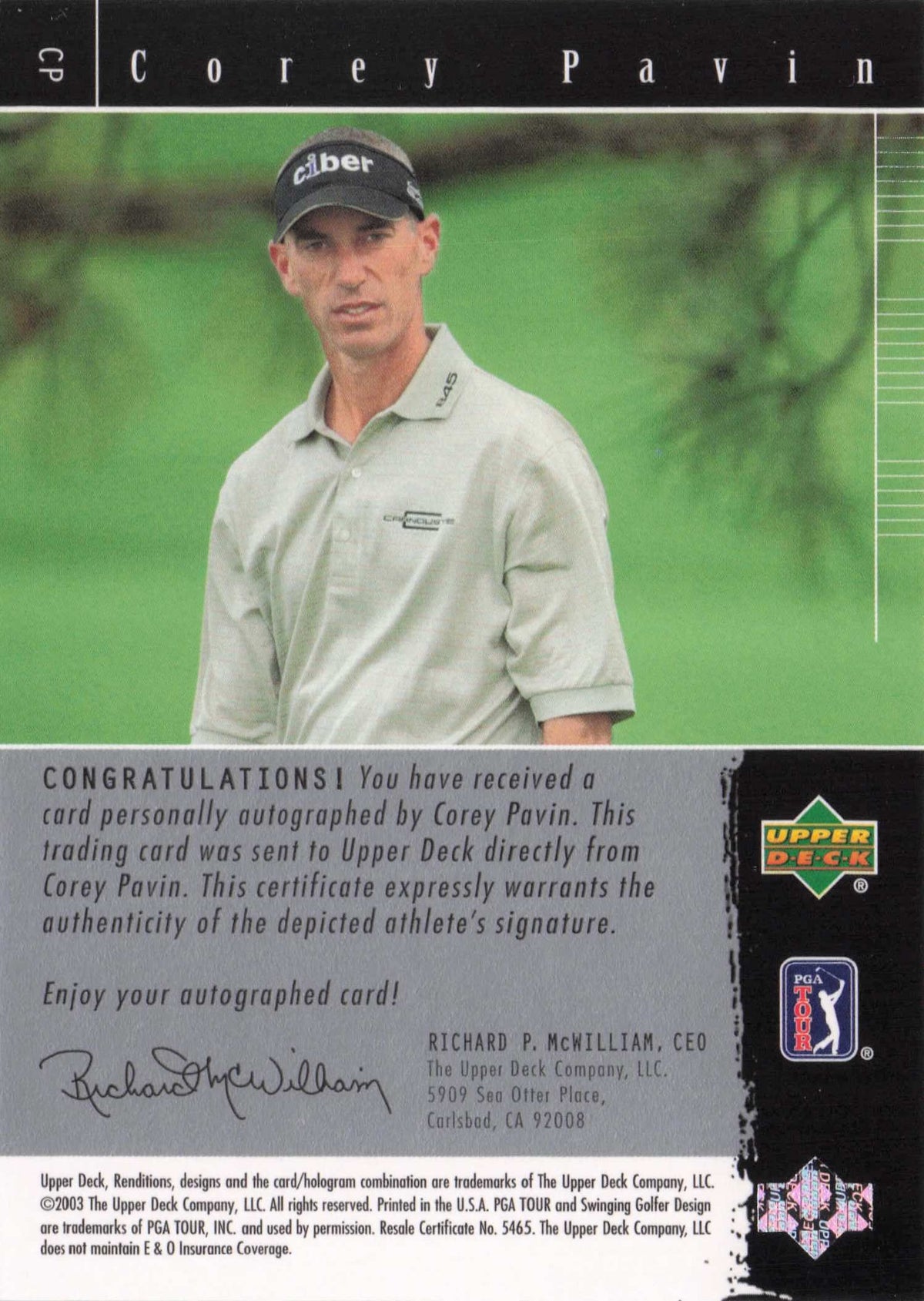 Corey Pavin 2003 Signature Exhibit Golf Hand Signed Autograph Photo Trade Card