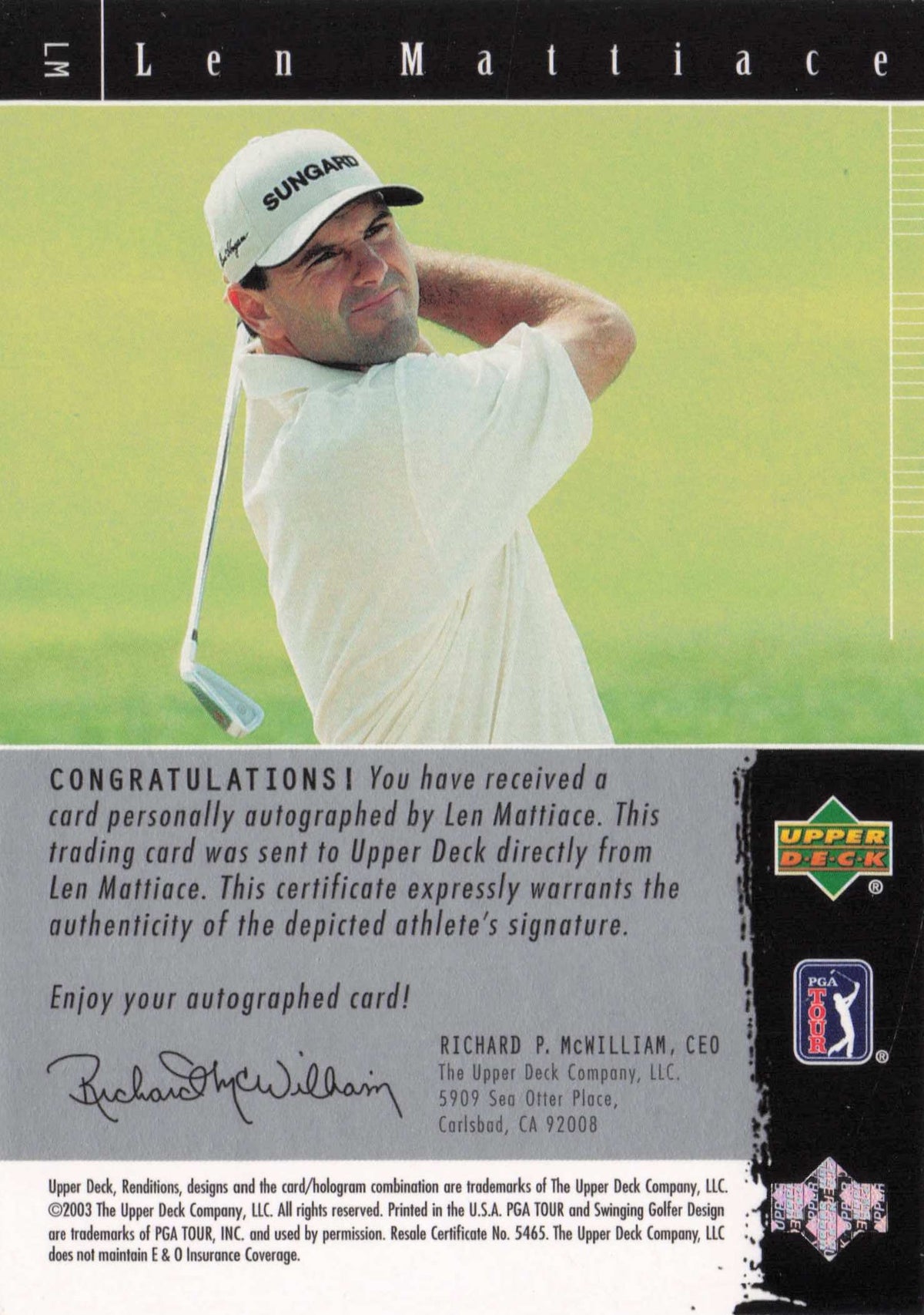 Len Mattiace Signature Exhibit Golf Upper Deck Autograph Signed Photo Card