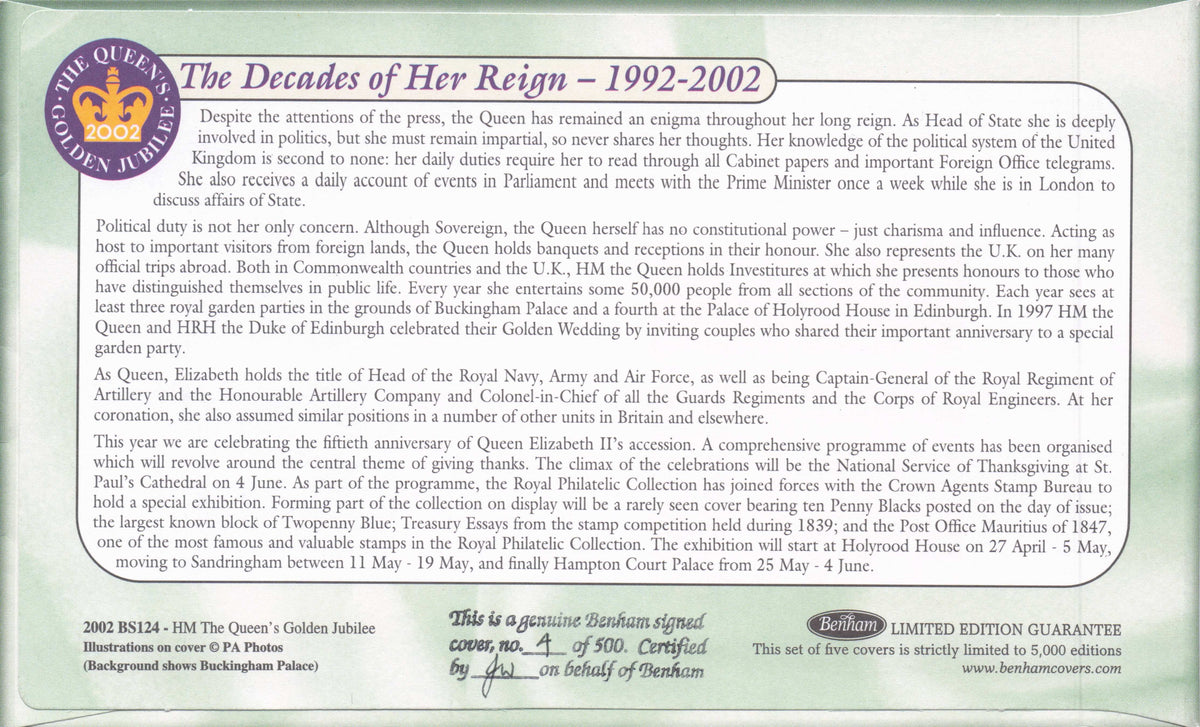 Paul Kidd Queen Elizabeth II Butler Royal Golden Jubilee Benham Hand Signed FDC
