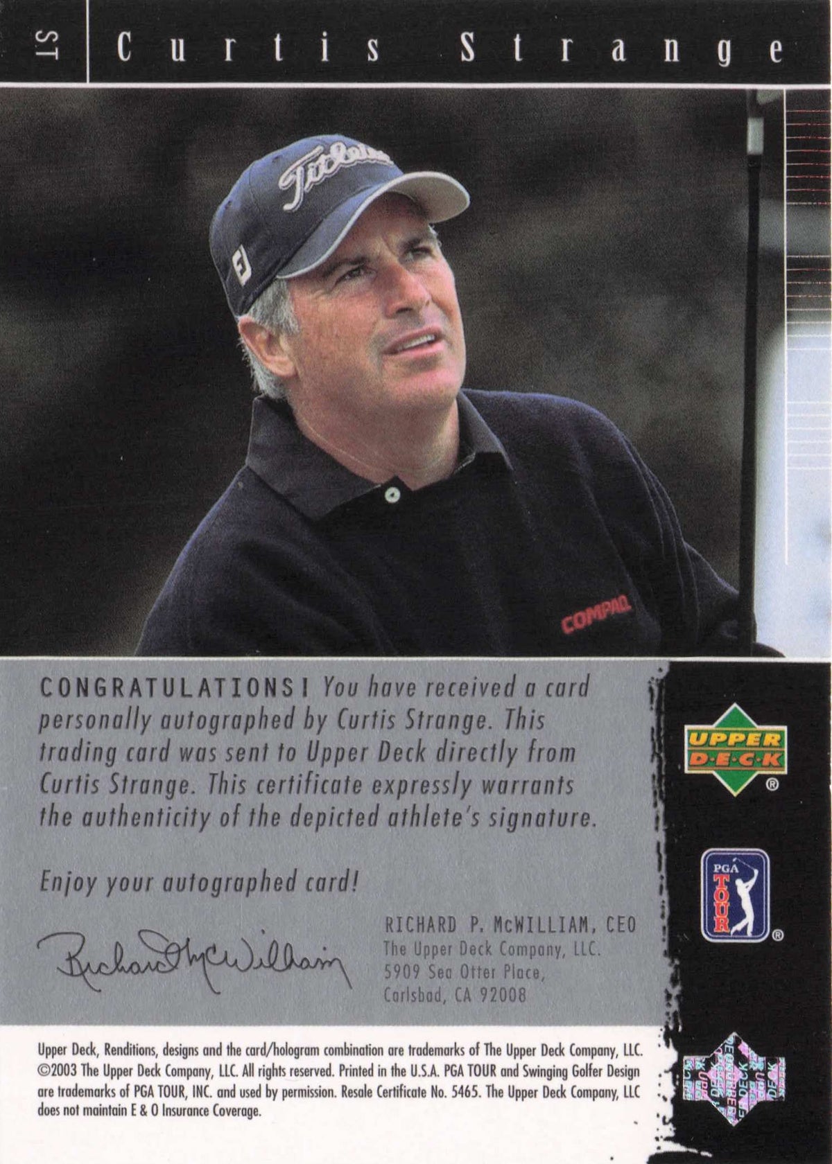 Curtis Strange Signature Exhibit 2003 Hand Signed Golf Autograph Photo Card