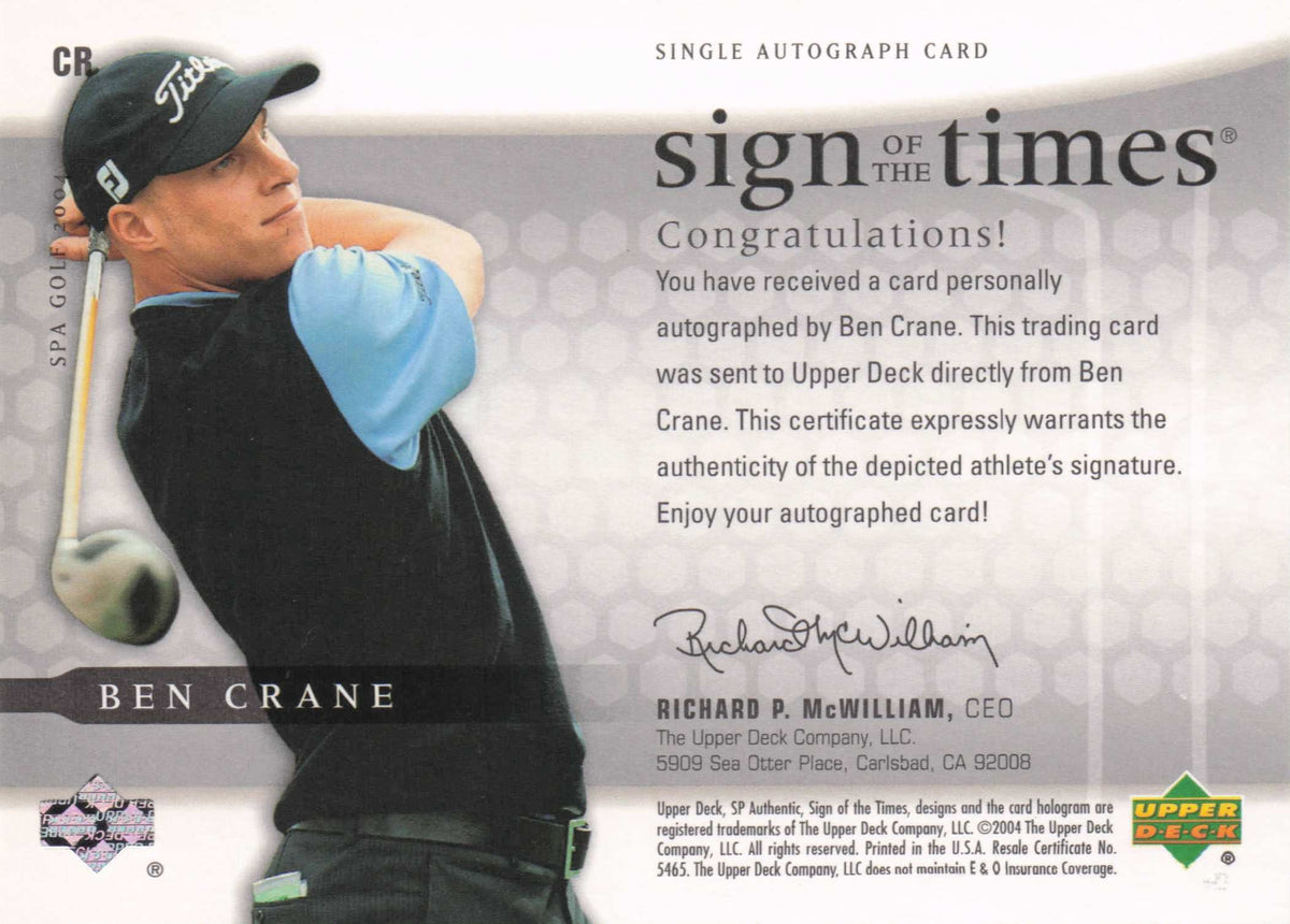 Ben Crane Sign Of The Times Golf 2004 Hand Signed Autograph Photo Card