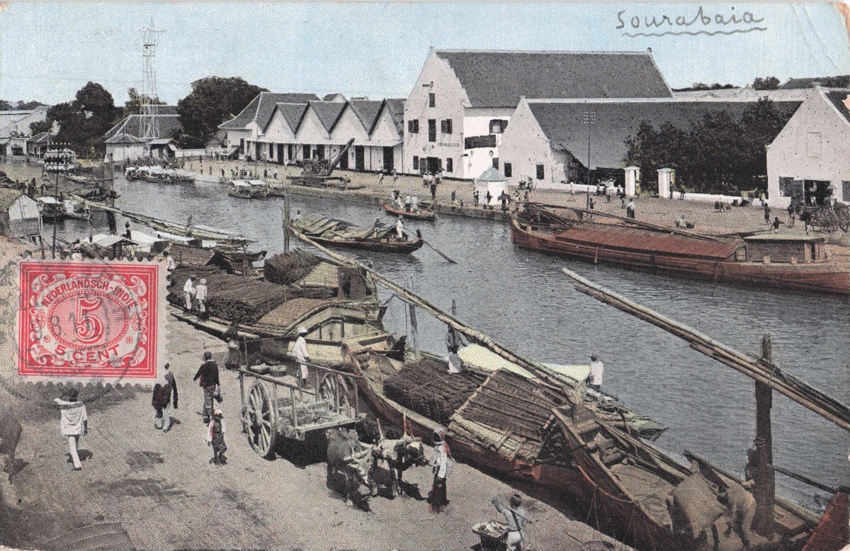 Surabaya Port Harbour Boats Antique Indonesia Postcard