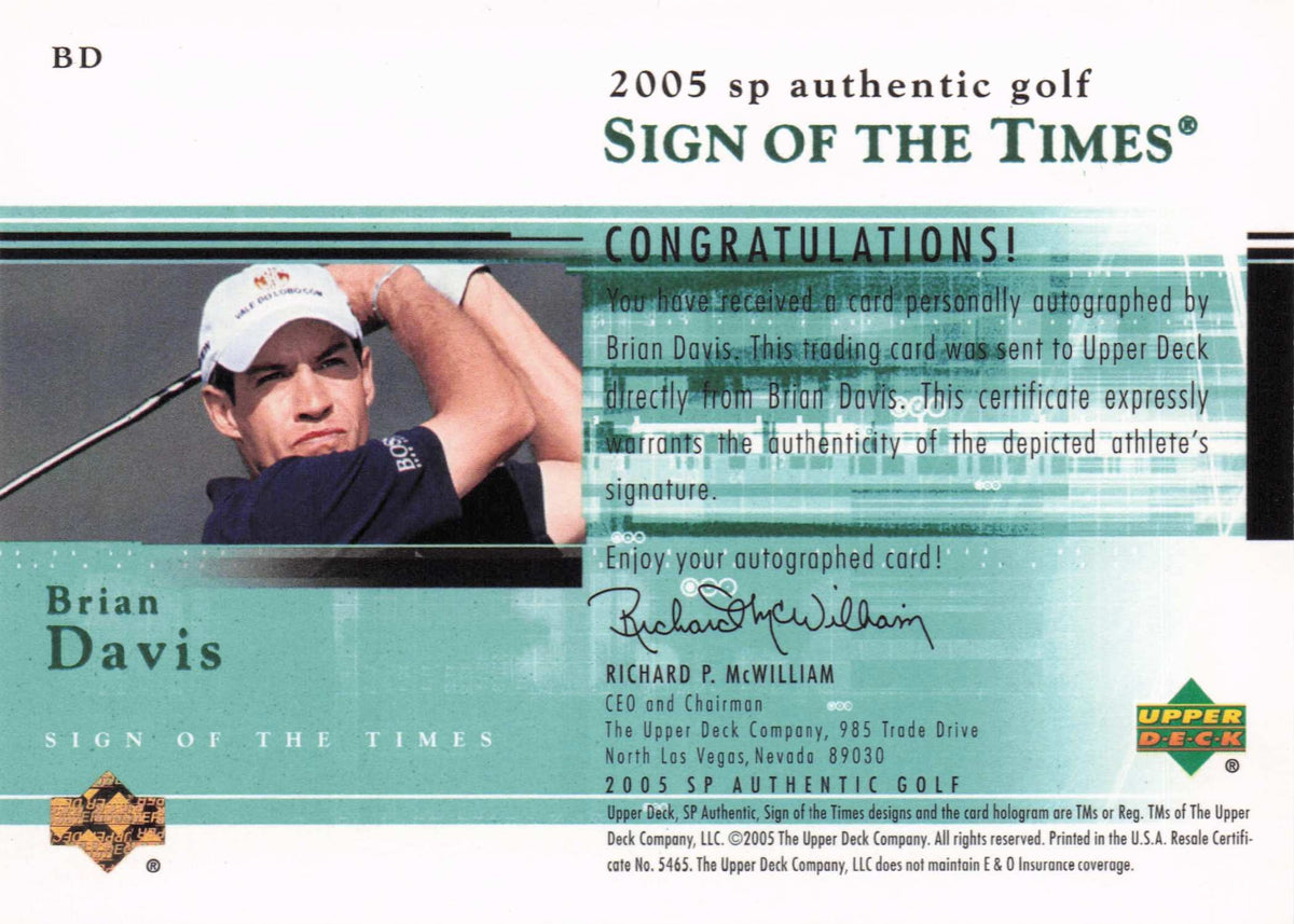 Brian Davis Sign Of The Times Golf 2005 Hand Signed Autograph Trade Card