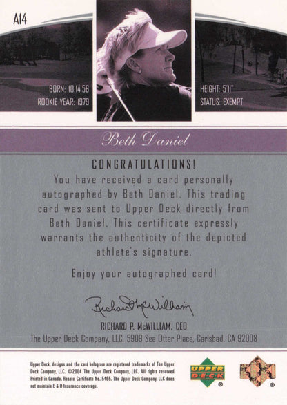 Beth Daniel Endorsements Of Excellence Golf Hand Signed Autograph Card