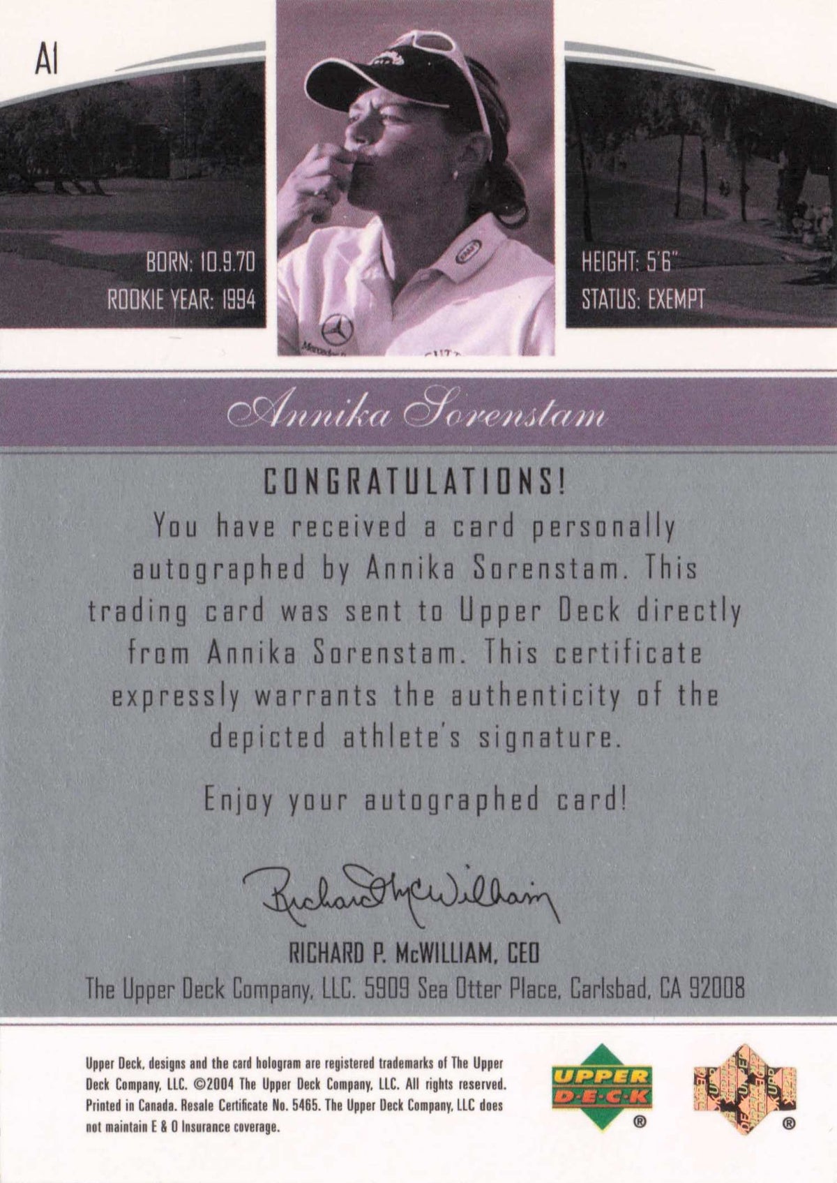Annika Sorenstam Endorsements Of Excellence Golf Hand Signed Autograph Card