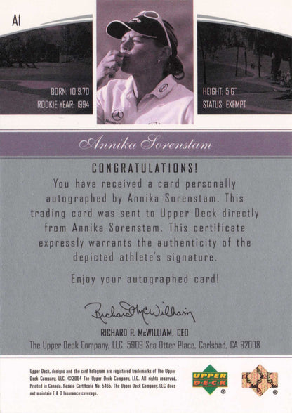 Annika Sorenstam Endorsements Of Excellence Golf Hand Signed Autograph Card