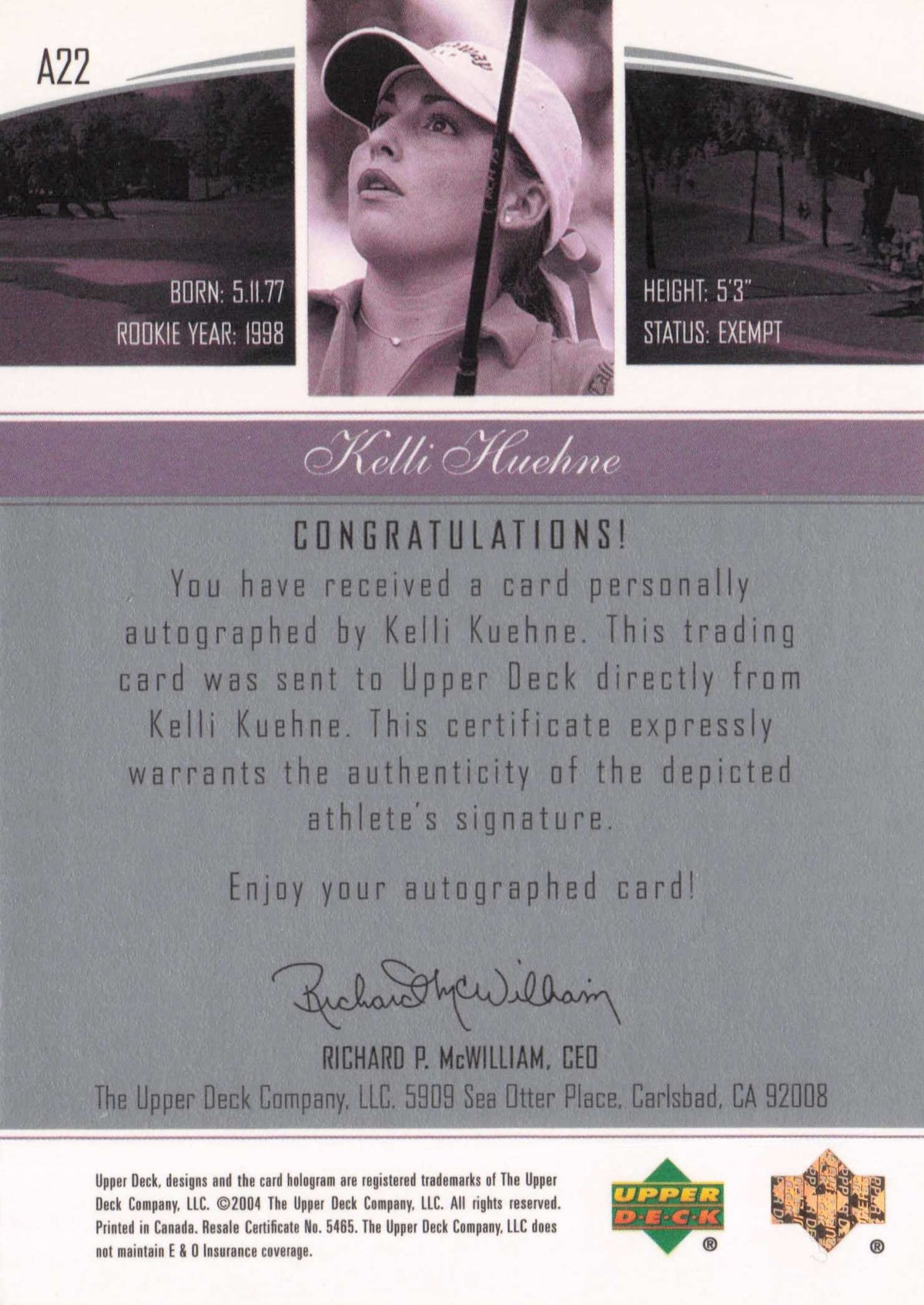 Kelli Kuehne Endorsements Of Excellence Golf Hand Signed Autograph Card