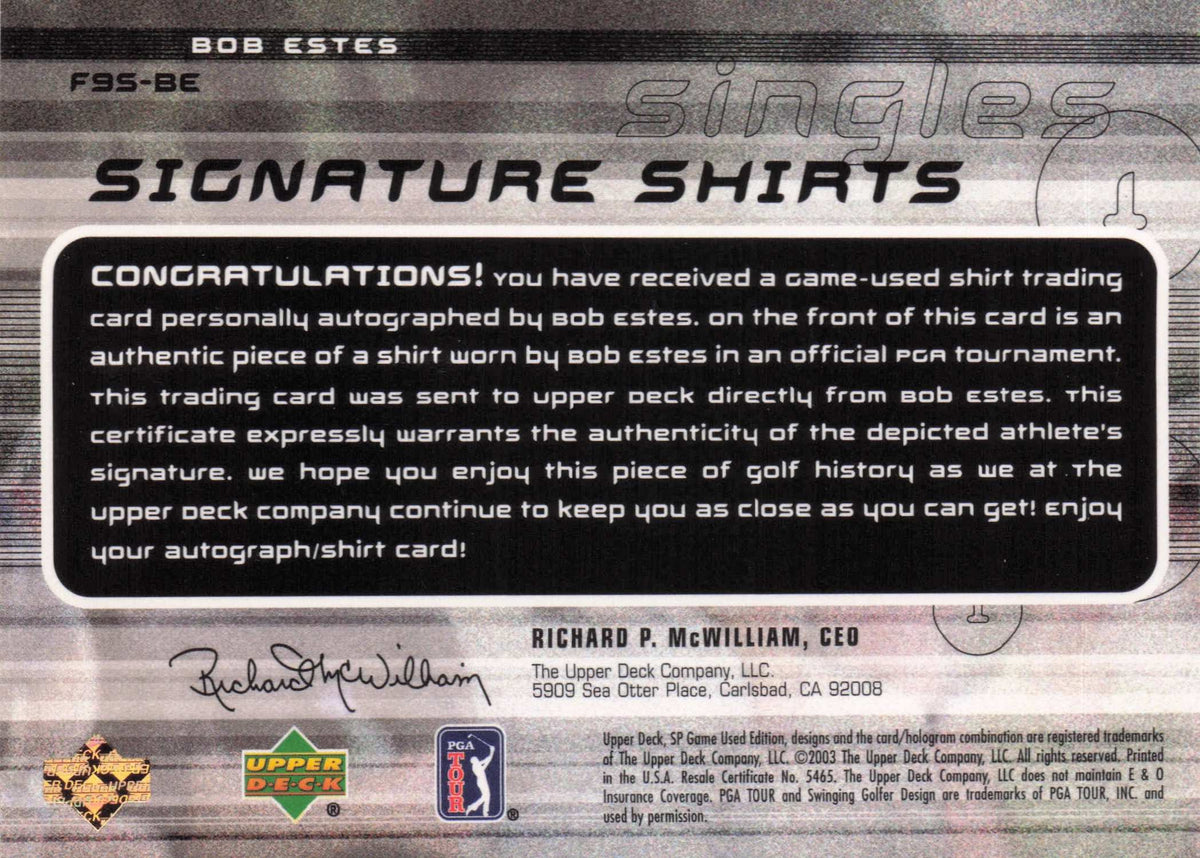 Bob Estes Singles 2003 Golf Upper Deck Hand Signed Worn Shirt Trade Card