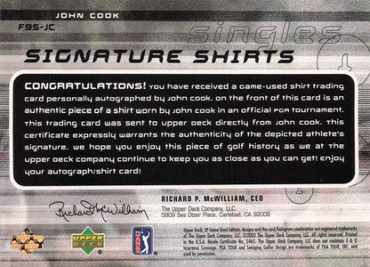 John Cook Singles 2003 Golf Upper Deck Hand Signed Worn Shirt Trade Card