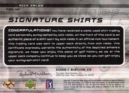 Nick Faldo Singles 2003 Golf Upper Deck Hand Signed Worn Shirt Trade Card