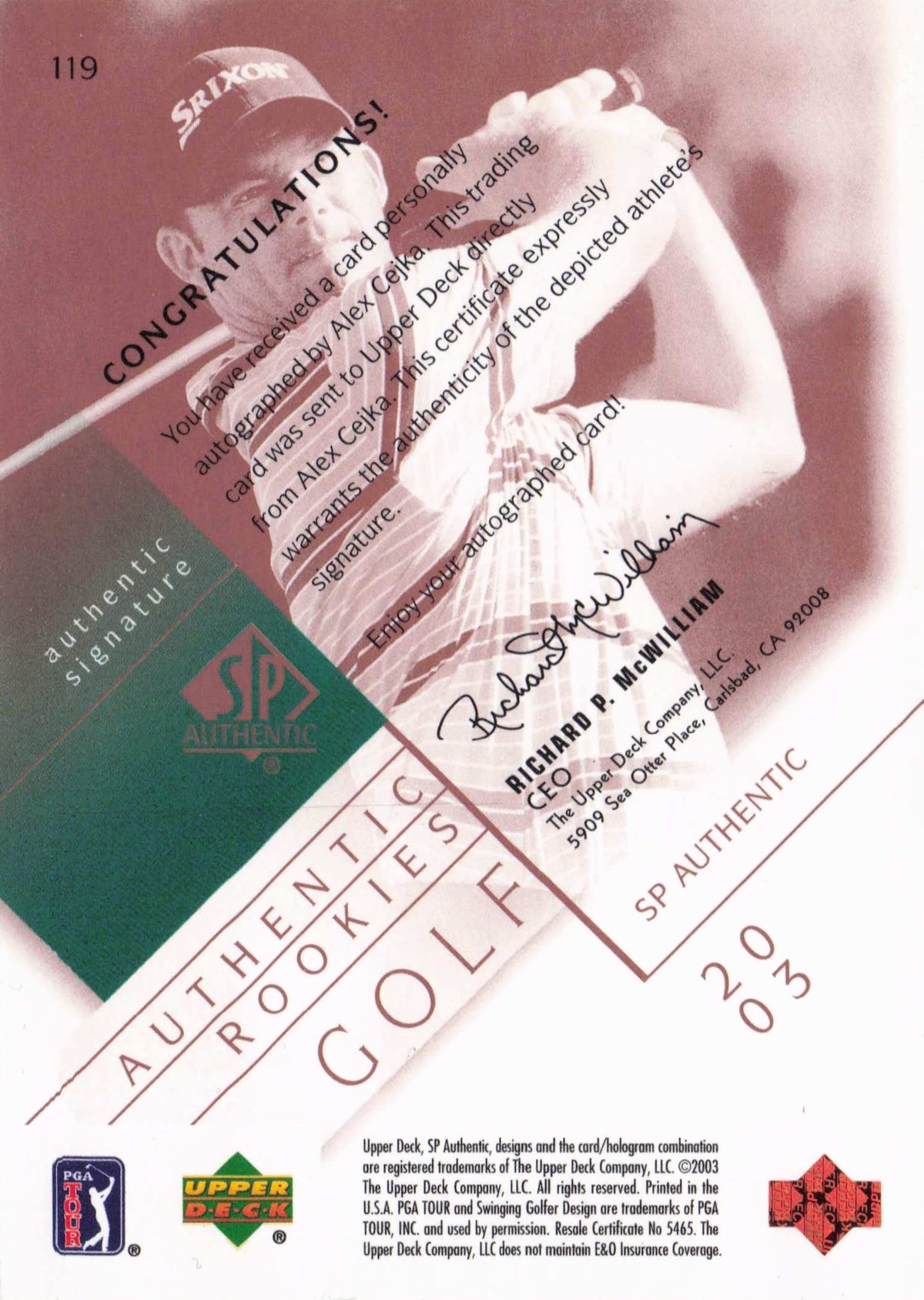 Alex Cejka 2003 Authentic Rookies Golf Hand Signed Autograph Photo Card