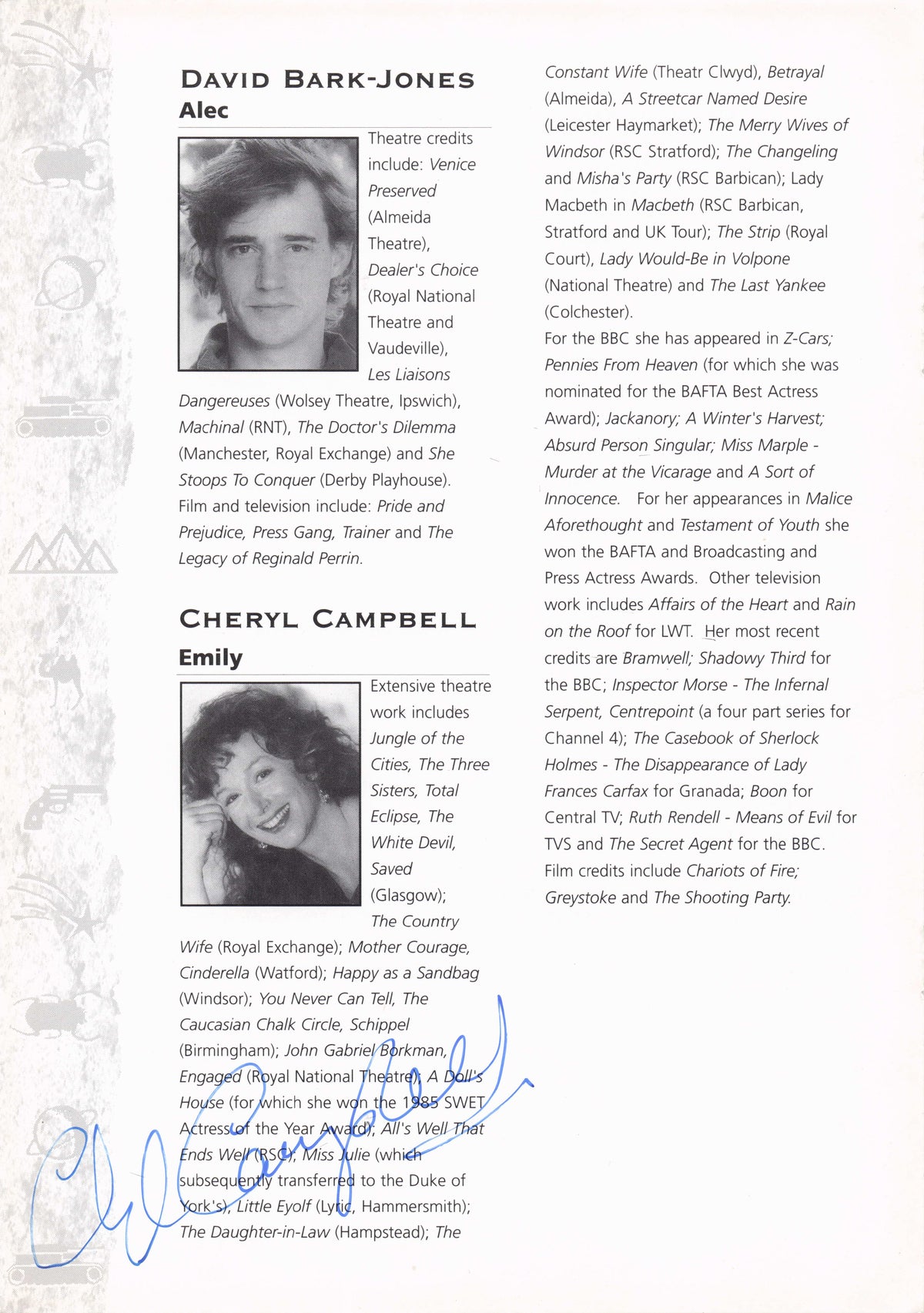 Cheryl Campbell Chariots Of Fire McVicar Tarzan Hand Signed Theatre Photo Page