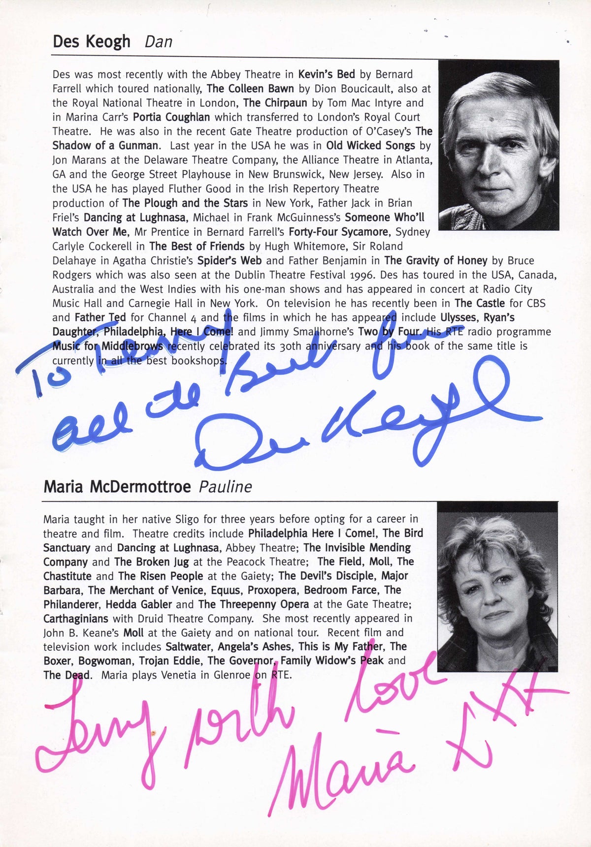 Des Keogh Confessions of an Irish Publican Hand Signed Theatre Photo Page