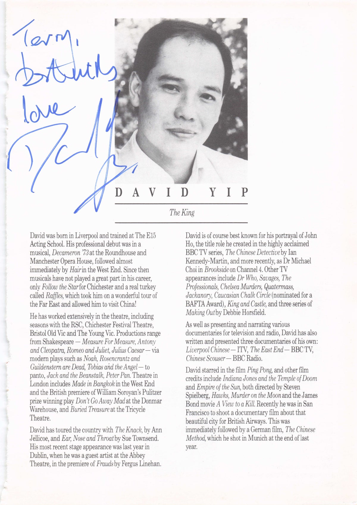 David Yip of James Bond Film The King And I Rare Hand Signed Theatre Photo Page