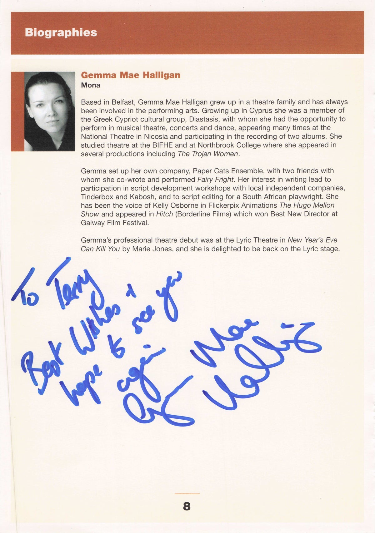 Gemma Mae Halligan Fergal McElherron Assassins Creed Irish Actor Hand Signed Page