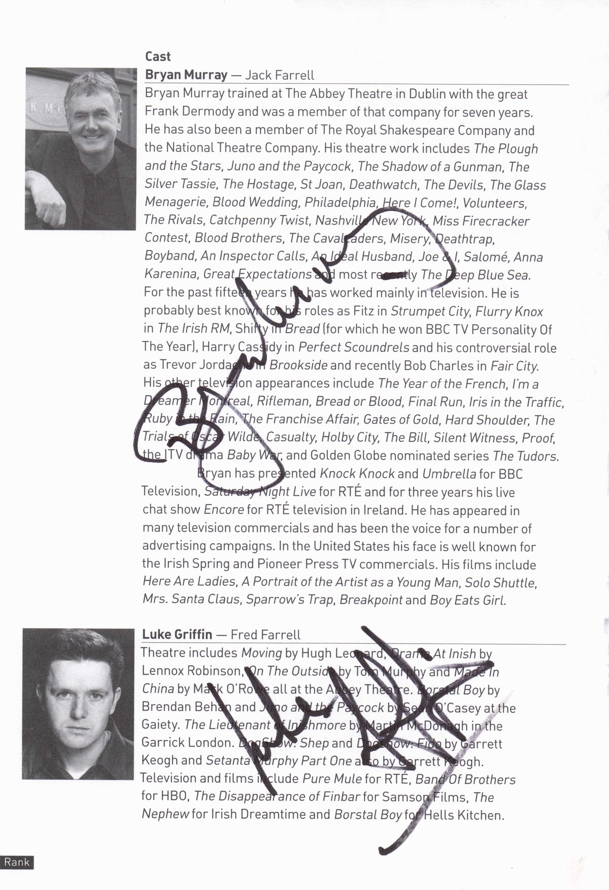 Bryan Murray Bread Brookside Luke Griffin Irish Hand Signed Theatre Photo Page