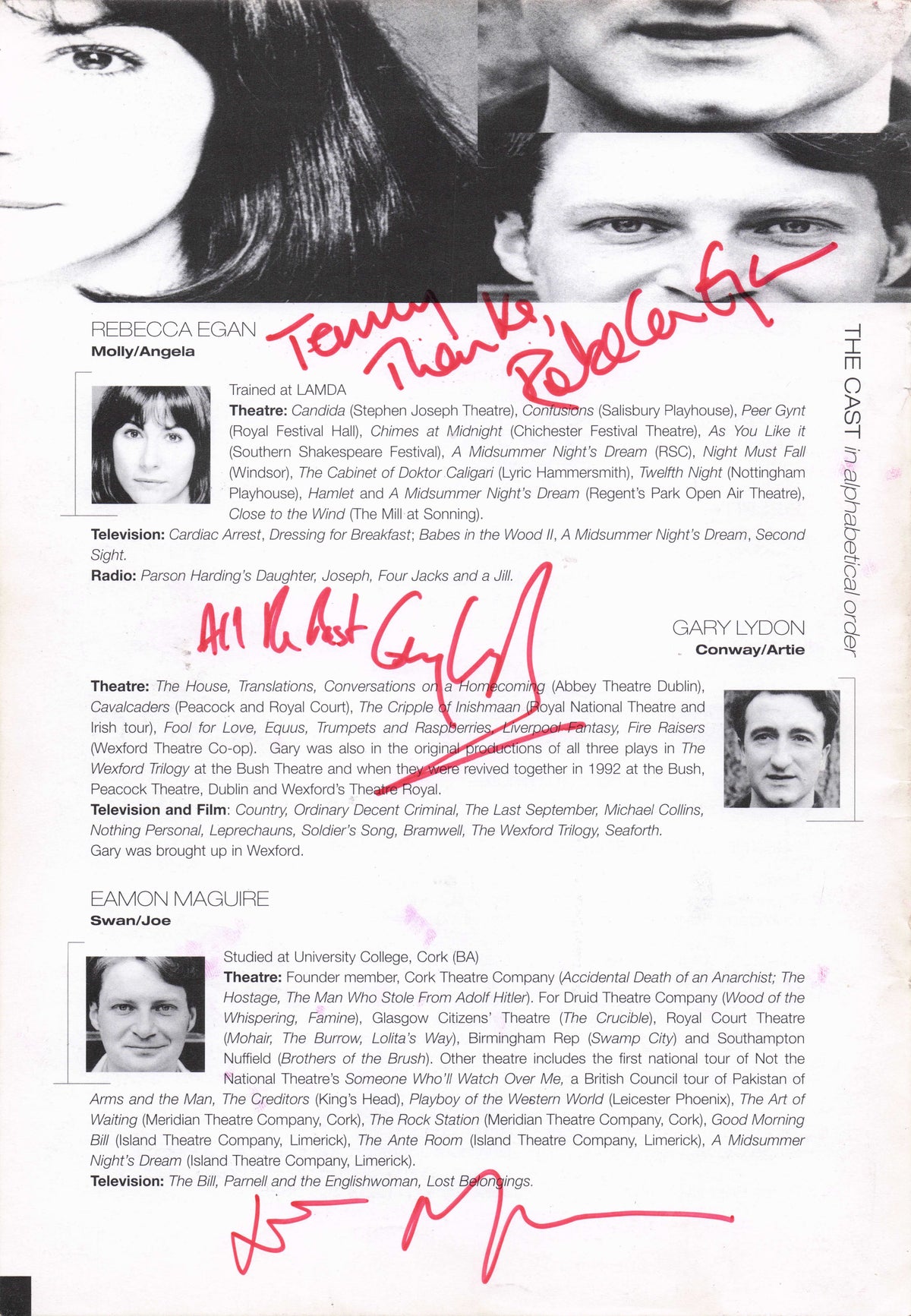 Rebecca Egan Eastenders Gary Lydon Eamon Maguire Hand Signed Theatre Page
