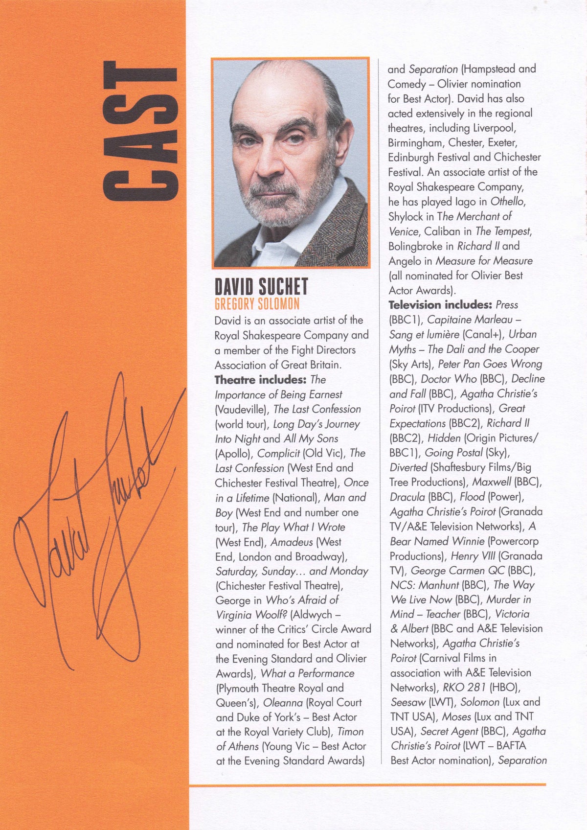 David Suchet Agatha Christie Hercule Poirot Rare Hand Signed Theatre Photo Page