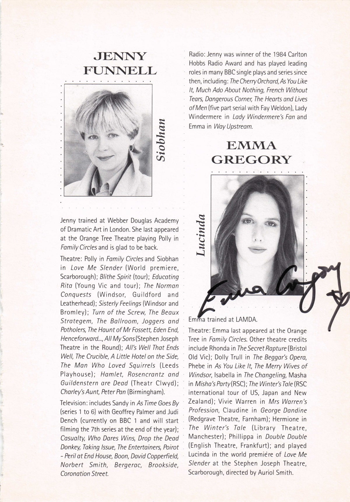 Emma Gregory Warhammer Star Wars Harry Potter PC Game Hand Signed Theatre Page