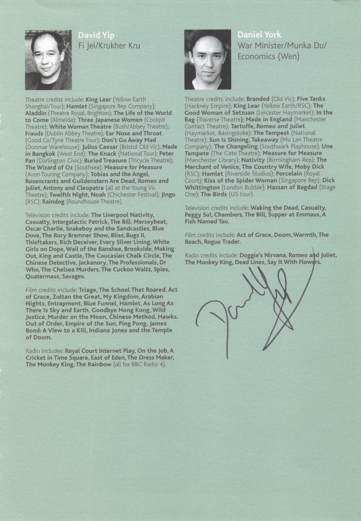 Daniel York Loh The Beach Doom Singapore Actor Hand Signed Theatre Photo Page