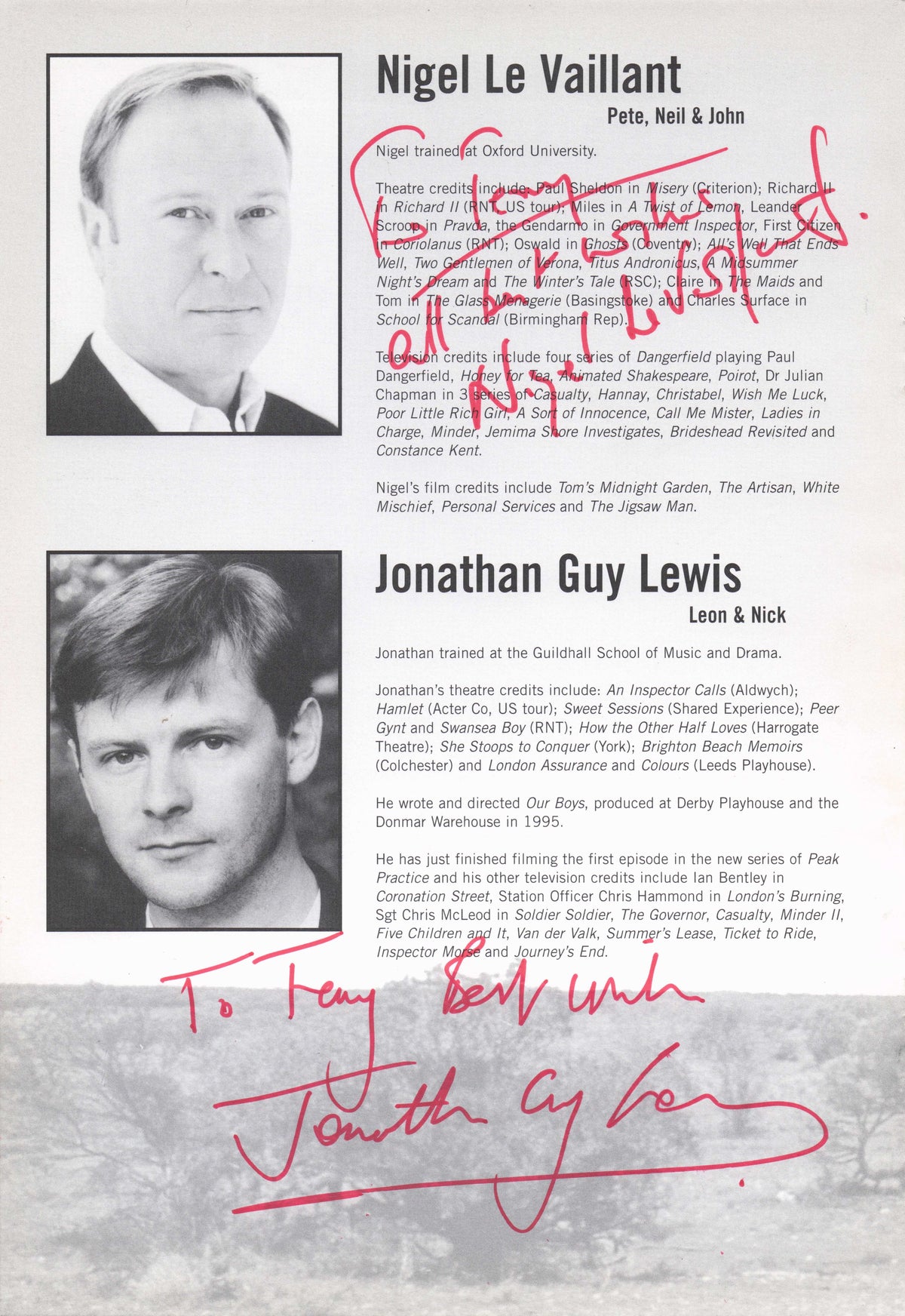 Nigel Le Vaillant Dangerfield Jonathan Guy Lewis Hand Signed Theatre Photo Page