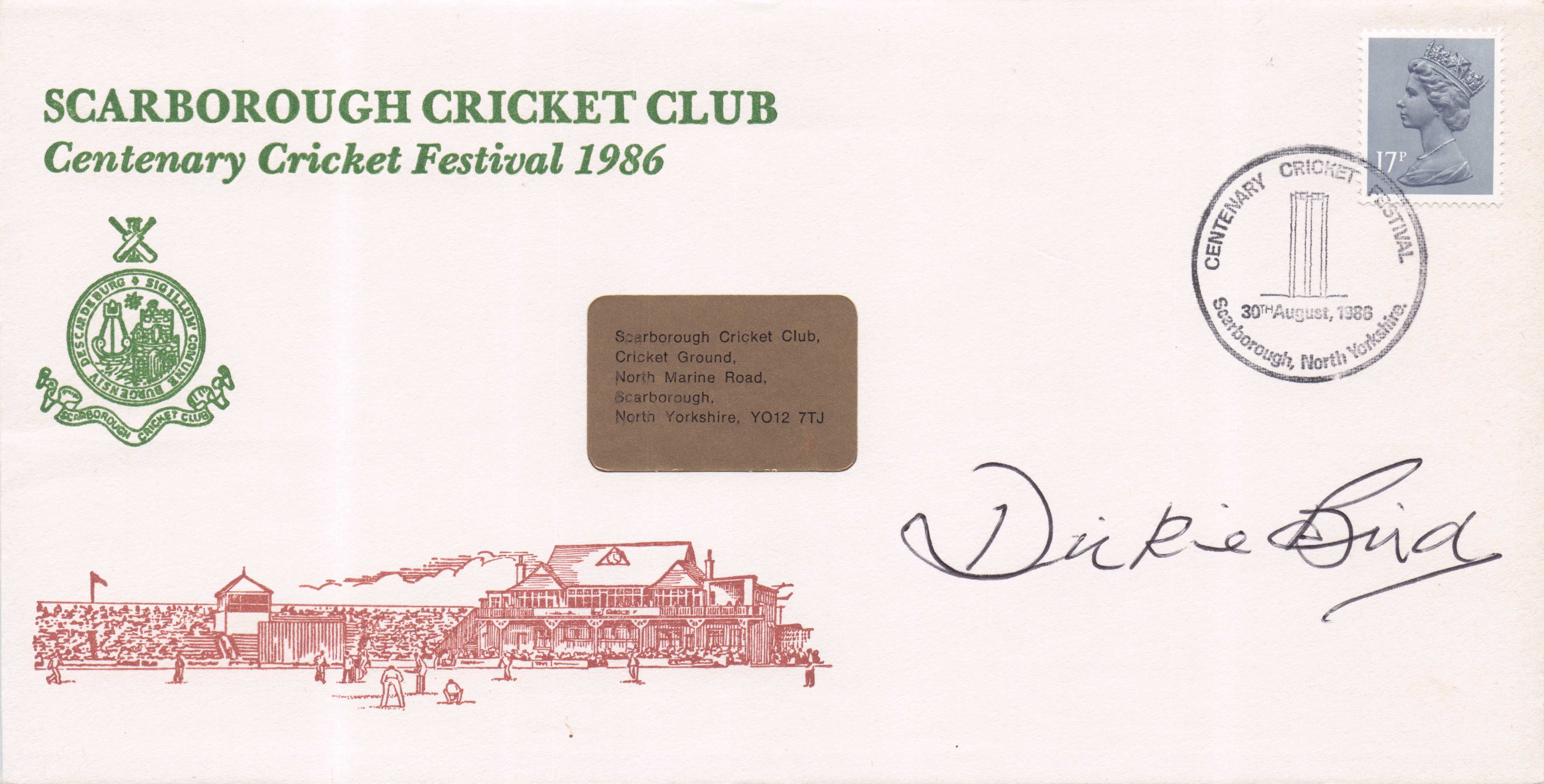 Dickie Bird Cricket Umpire Scarborough Centenary 1986 Festival Hand Signed FDC