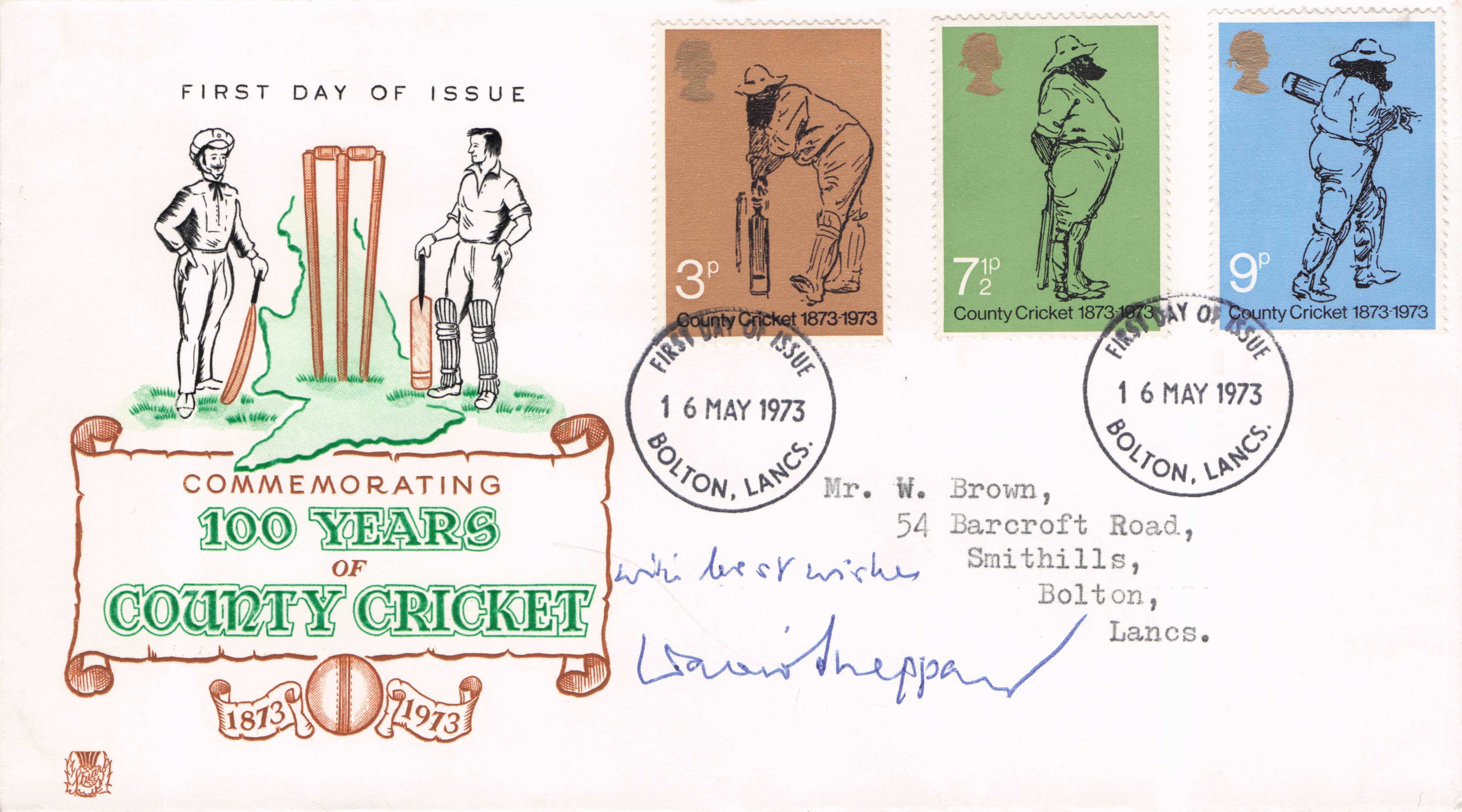 David Shepherd Gloucs Lancashire 100 Years Of Cricket 1973 Hand Signed FDC