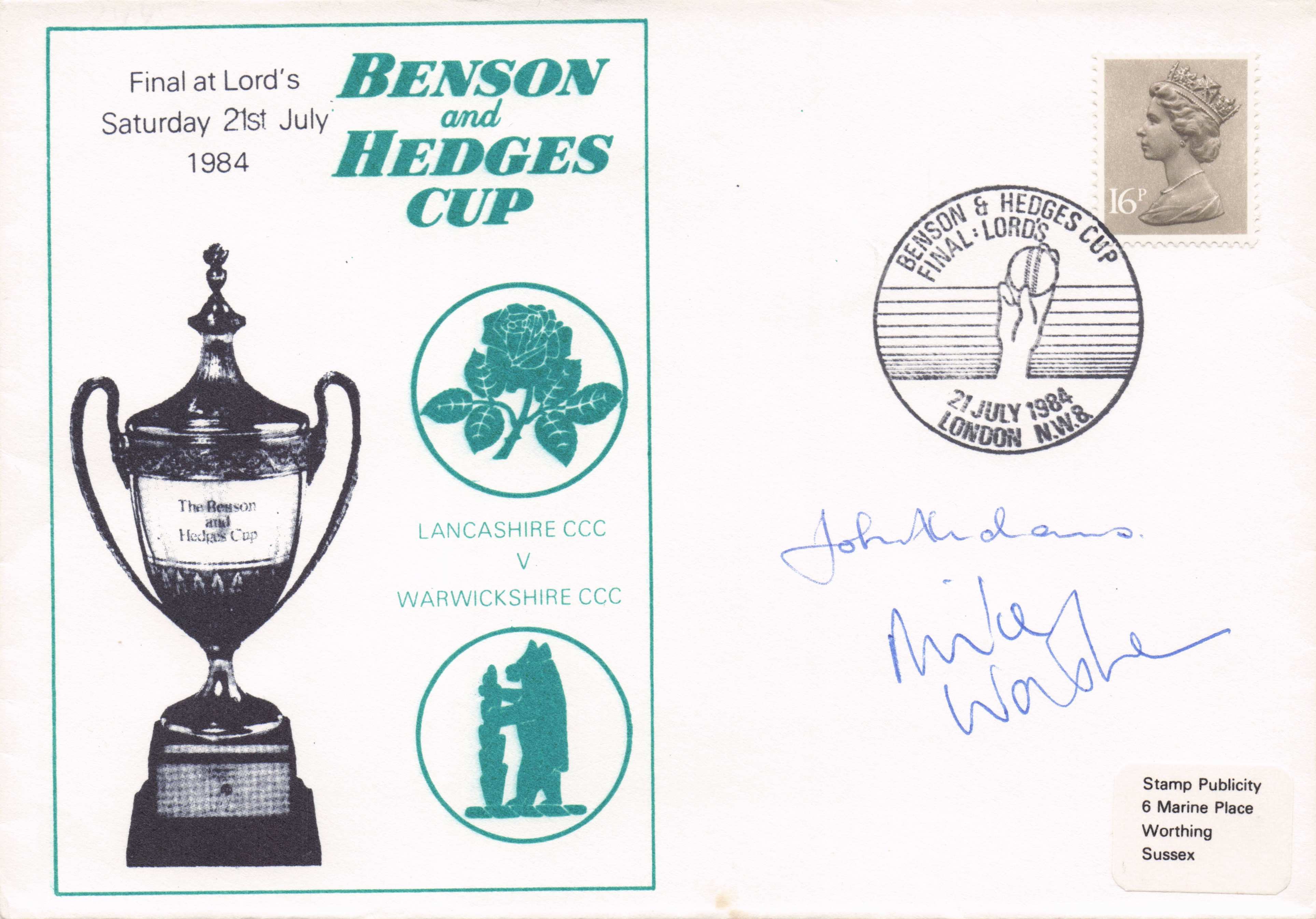 John Abrahams Mike Watkinson B&H Cricket 1984 Cup Final MULTI Hand Signed FDC
