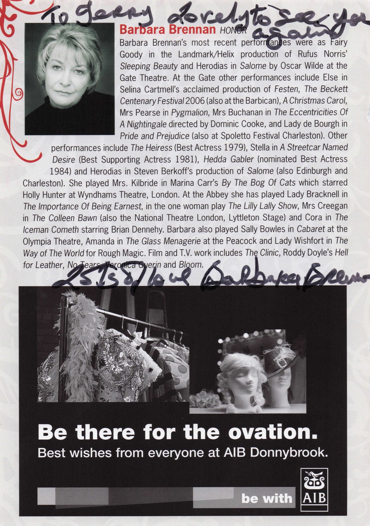 Barbara Brennan Irish TV & Theatre Actress The Tudors Hand Signed Photo Page