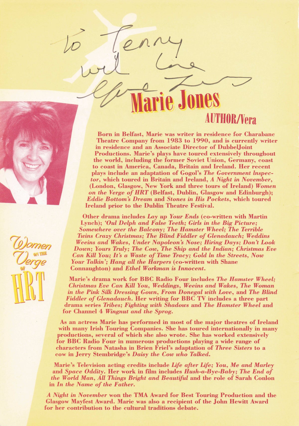 Marie Jones OBE Northern Ireland Irish Playwright HRT Hand Signed Theatre Photo Page