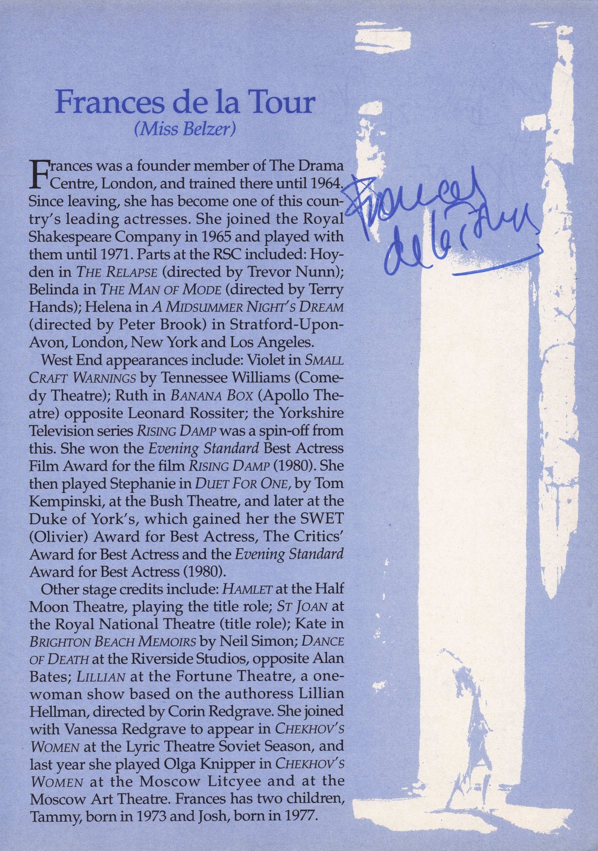 Frances De La Tour Miss Jones Rising Damp Alison Fiske Hand Signed Theatre Page