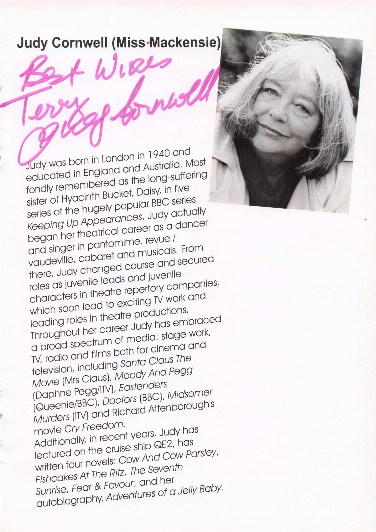 Judy Cornwell Keeping Up Appearances Heartbeat Hand Signed Theatre Photo Page