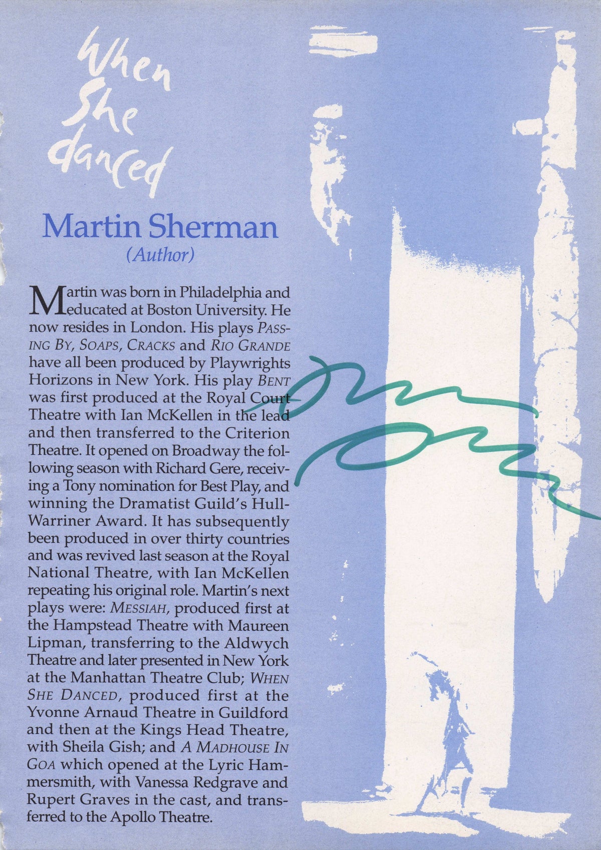 Martin Sherman of WW2 Gay Nazi Holocaust Play Bent Hand Signed Theatre Page