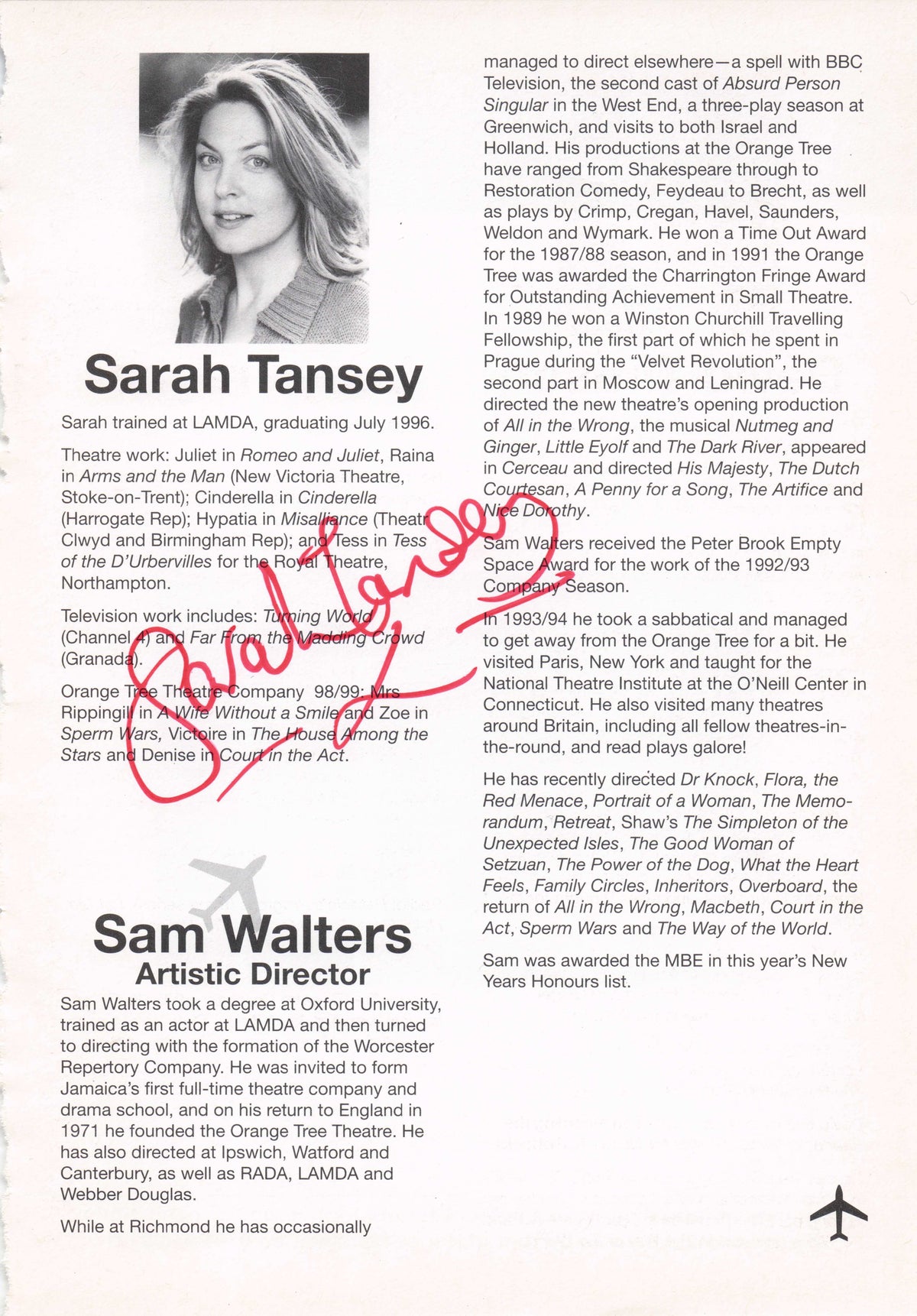 Sarah Tansey Heartbeat The Bill Vintage Rare Hand Signed Theatre Photo Page