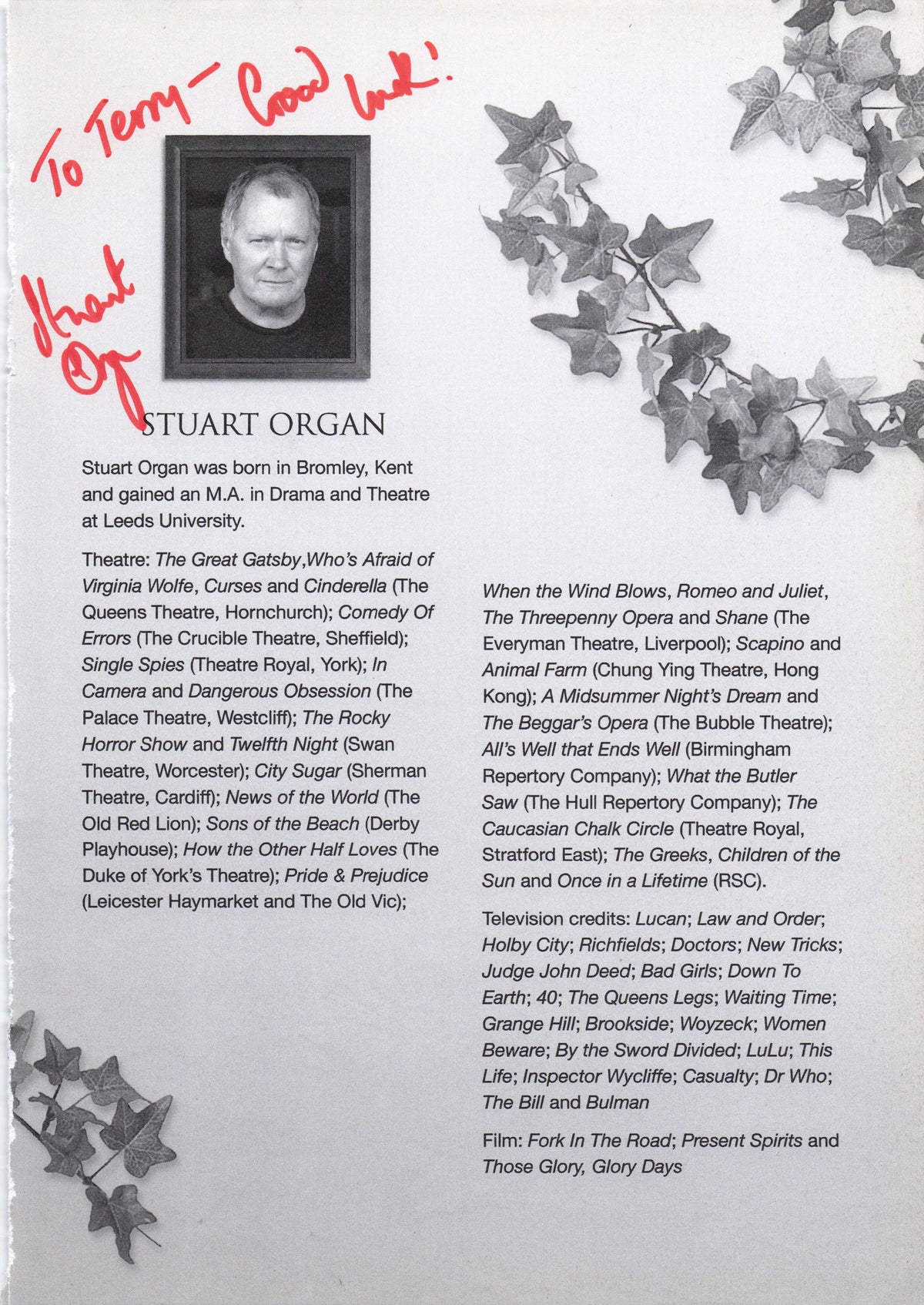 Stuart Gordon BBC Grange Hill Headmaster Dr Who Hand Signed Theatre Photo Page